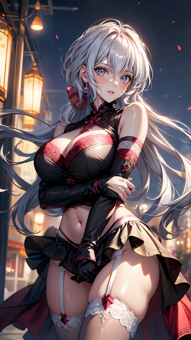 (best quality), (masterpiece, realistic), high res, all detailed, perfect anatomy, (two side up:1.1), (red removing kimono), (pencil miniskirt), long hair, silver hair, off shoulders, overly long sleeves, ribbon front knot obi, medium cleavage, black Loose socks, (torn clothes:1.2), BREAK NSFW, solo, 1girl, ass focus, (kneeling, from behind, looking back:1.19), (embarrassed, crying, tears:1.18), sigh, blush, sweat, saliva trail, (outdoors, street, stone flooring), cinematic lighting, diffraction spikes, zettai ryouiki, three quarter view