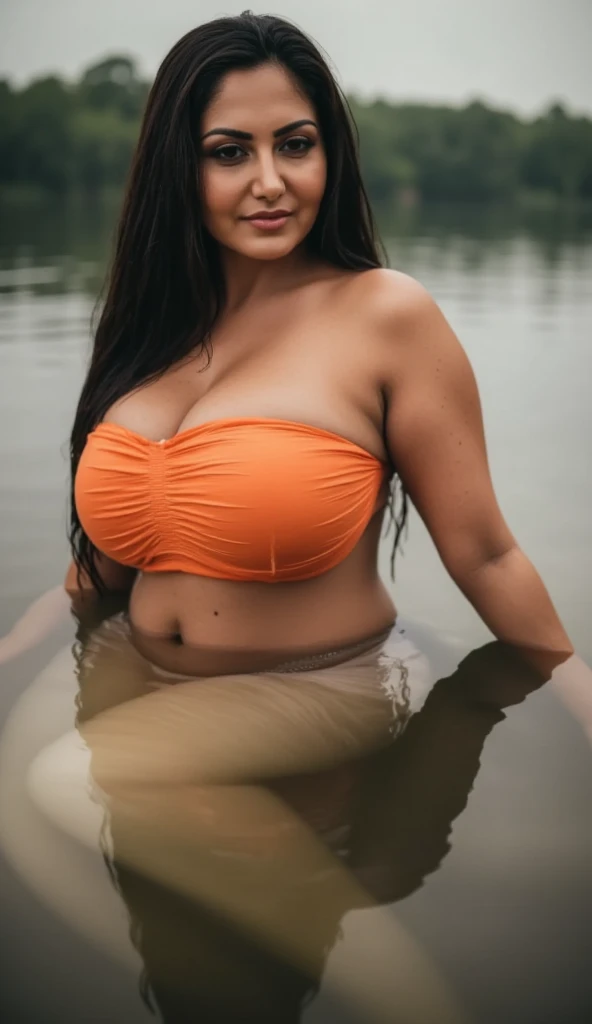 Day scene, close up photo of very beautiful 30 year Indian woman, swimming in a lake, big cheeks, curvy, hourglass figure, sexy orange bra and saree, sexy navel, swooping breasts, deep cleavage, ponytail hair, necklace, look at camera and smile, (cinematic:1.3), intricate details, (ArtStation:1.2), front focus,