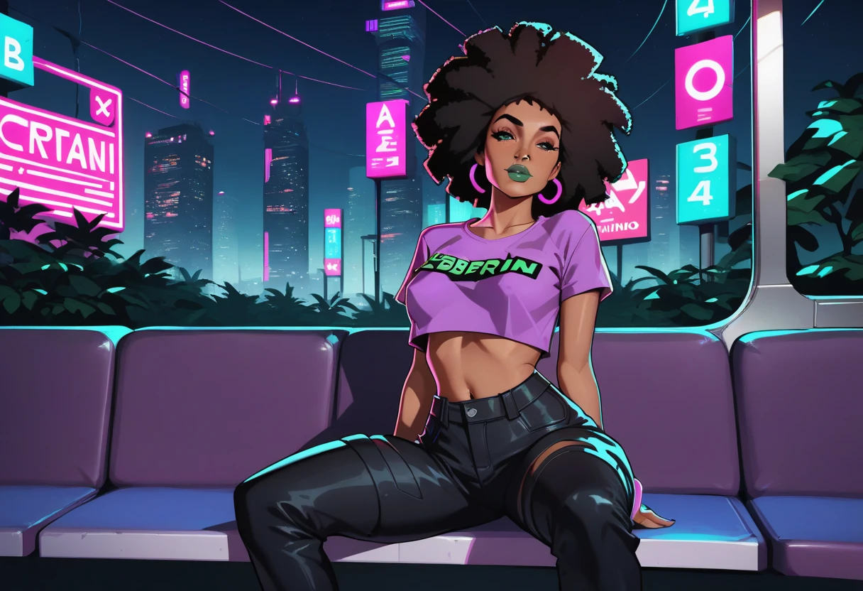 beautyful strong african woman, huge full afro purple hair, black jacket, green bra, black boots, hoop earring, green aviator glasses, purple chocker, dragon tattoo, night, purple lights, smile, full lips, sit, crossed legs, city, closeup