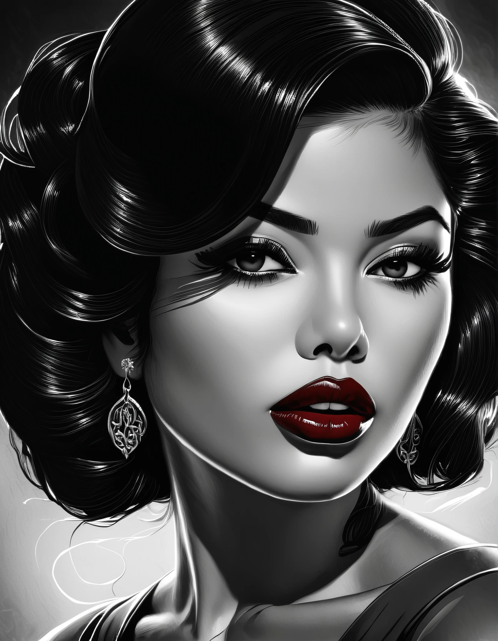 female, fantasy, Beauty, in noir comic art style, realistic hyperdetailed portraits, black and white in shades of gray, Chicano art, dark cherry-red lipstick, realistic, but romantic,  Smooth lines  