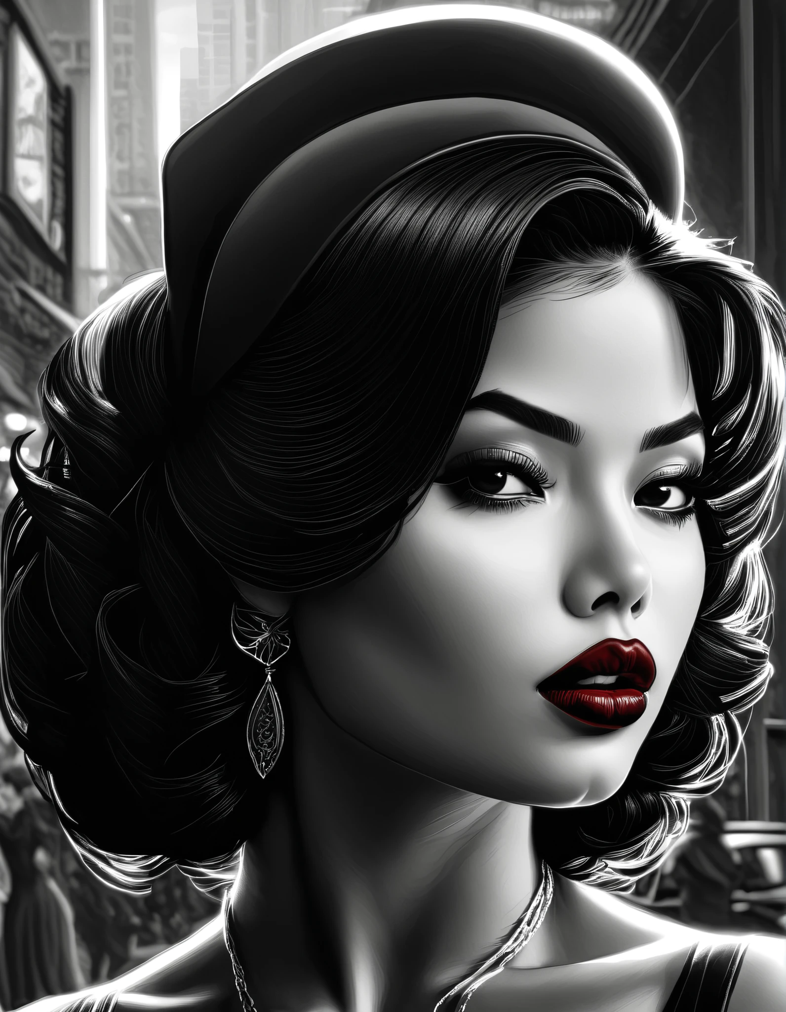 female, fantasy, Beauty, in noir comic art style, realistic hyperdetailed portraits, black and white in shades of gray, Chicano art, dark cherry-red lipstick, realistic, but romantic, Smooth lines