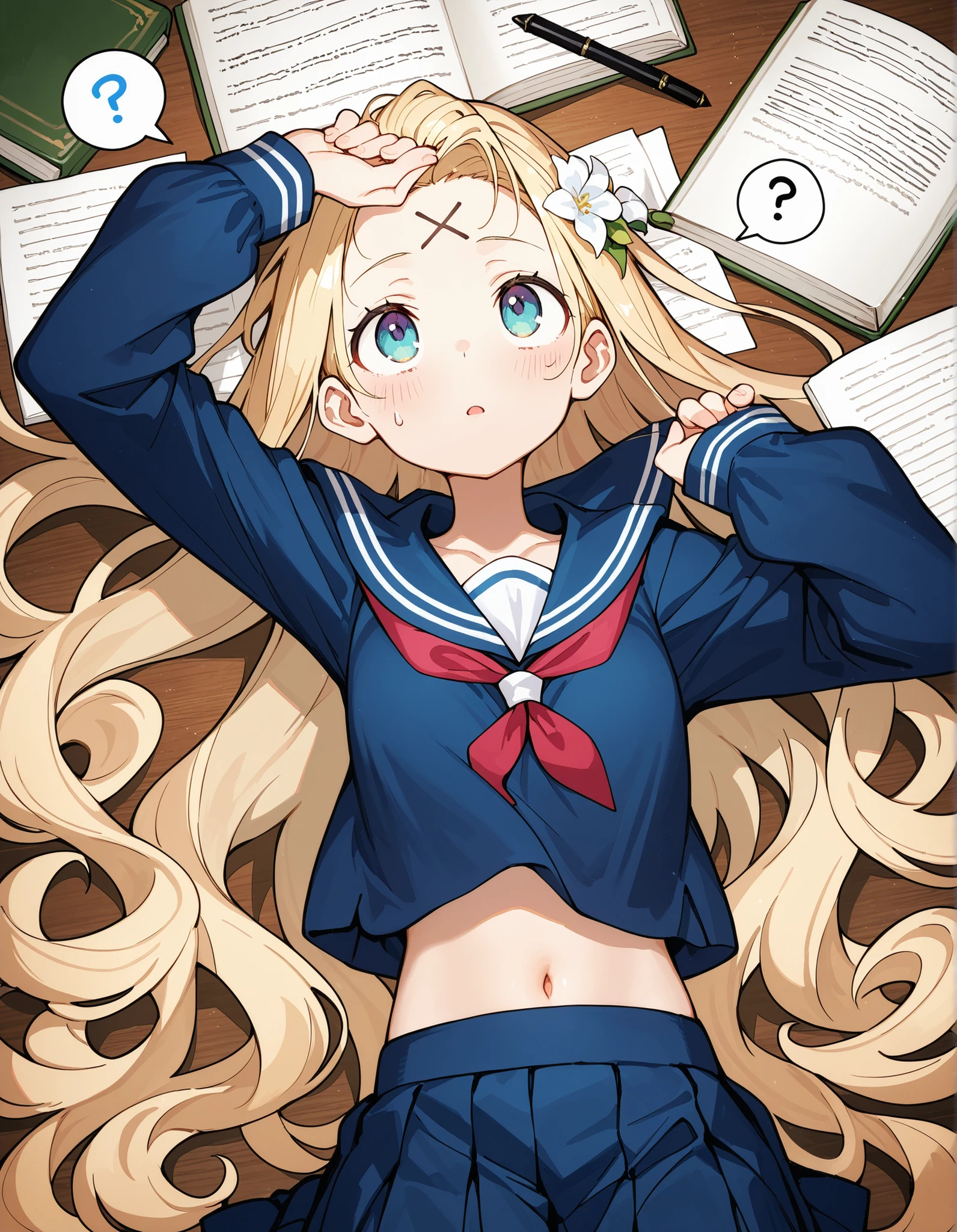 masterpiece,best quality,(toridamono:0.9),1girl,solo,thin,lying,arms up,x on forehead,pleated skirt,looking up,book,pen,open book,paper,blush,sweatdrop,spoken question mark,sailor collar,long sleeves,very long hair,navel,curly hair,hair flower,forehead,elegance,hands on own head,blonde,