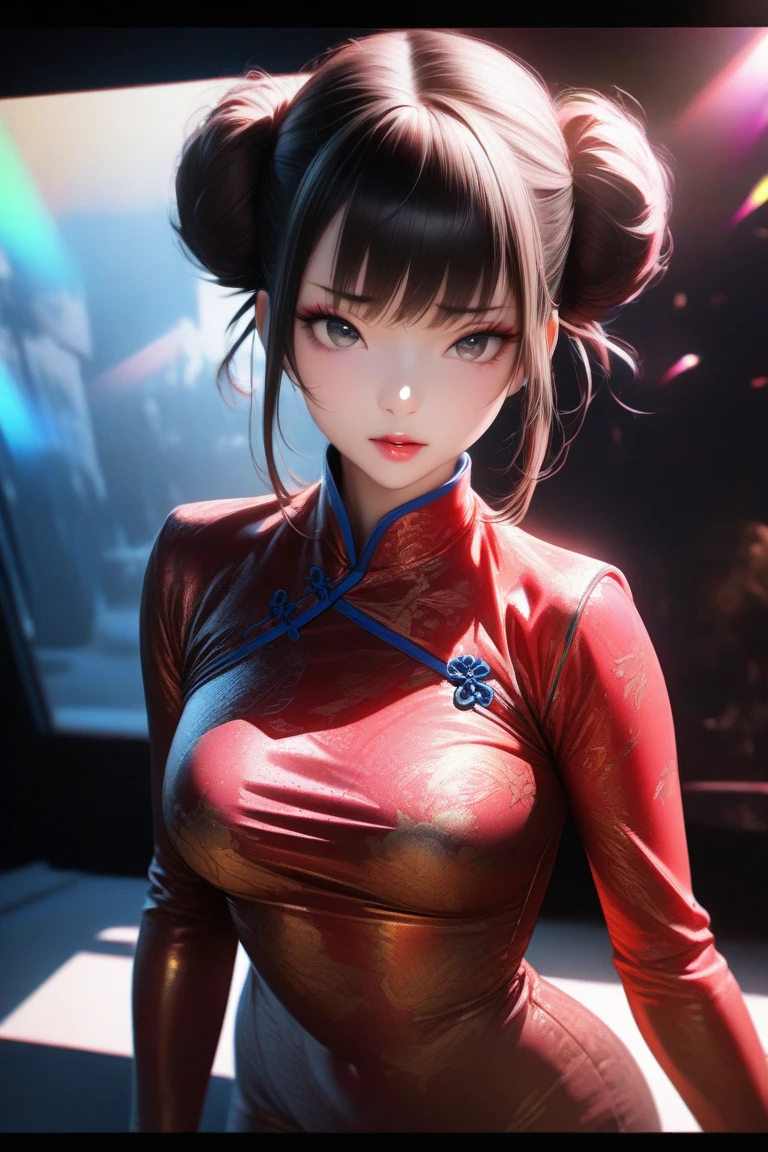 4K, A high resolution, Best quality at best, masterpiece, perfect colors, perfect shadow, perfect litthing, ((sportrait)), 1woman, fit-muscled body, bright yellow eyes，dark blue hair , blue eyes, With round lenses, The audience watched carefully, (s face: 1.2), Perfect female figure, ((standing)), ( beautiful red chinese qipao dress-clad woman stands in the half-light, her cleavage accentuated by the sharp focus of the camera. The modern red chinese qipao dress, adorned with intricate patterns), ((smile shy and looking at viewert)), (Perfect thick white eyebrows) Delicate fur, 详细s face, s the perfect face, chinese cyber punk background, cyber punk lighting atmosphere, ((Bonifasko lighting)), (The round lenses on his eyes)(詳細な目), Perfect student, face close up, small breast. face close up