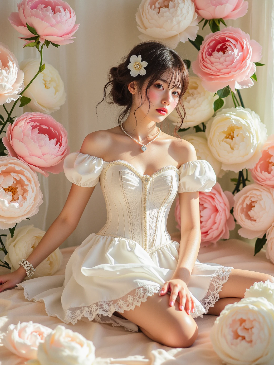 ,Fairy dress,（Quality Improvement：1.4），1 Girl, Full breasts，Visible cleavage，Sexy long legs，The skirt is very short，She gently lifted her skirt with one hand,Surrounded by white Phalaenopsis orchids，Lilac dendrobium、White Lily, Flying petals，（Top quality leather), Delicate face,Black Hair, Gradient hair, Body,（Body1.1）, He has a precious gem on his forehead.., outstanding student，Long eyelashes,Smile, Surrealism, Movie Lighting, Projection Insert, Surrealism, Ultra HD, masterpiece，lie，Keep dreaming，Open your legs slightly.，Tattoo，Fantasy Space，Luxurious space，Exquisite makeup，blush，Shy expression