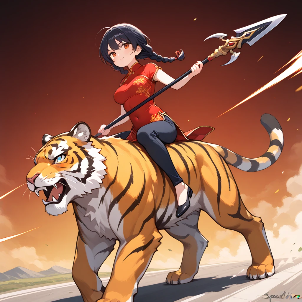 master-piece,hyper quality, hyper detailed,perfect drawing,1 beautiful girl, tiger print bikini, tiger ears, tiger tail, tiger hand, tiger paw, tiger fingers, sharp claws, sharp fangs, hunter's eyes aiming at prey, black hair and blonde mesh, sharp eyes, height 177cm, three sizes B95W60H90, brave perspective ((extra huge oversize cool samurai_sword in hands, extra huge cool weapon machine)), open stance, action pose