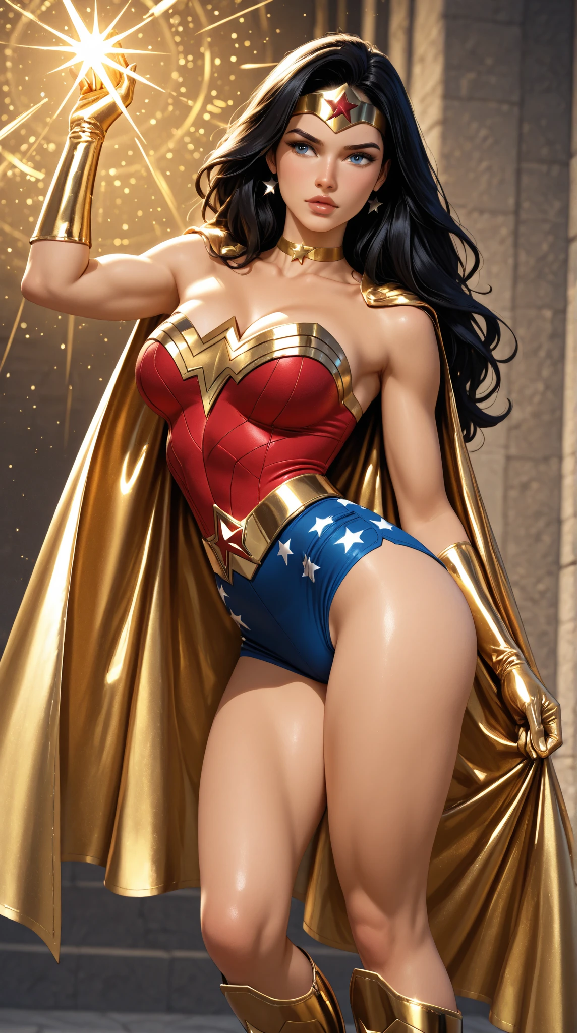 Un primer plano de una estatua de una mujer disfrazada, mujer Maravilla, primer plano de cuerpo completo, figura de proporciones heroicas, estatuilla de pvc, figura completa, imagen detallada, Estatua de la mujer perfecta, 1 figura solamente, primer plano medio, plastic action figure, lynda carter mujer Maravilla, Figura articulable de PVC, " Cuerpo completo, imagen de cuerpo completo, 1 chica, pelo largo de color rojo, blue eyes, vistiendo una camisa roja lisa, shorts de mezclilla, ciudad, absurdos, high resolution, ultra-sharp, 8K, obra maestra, mirando al espectador, horny