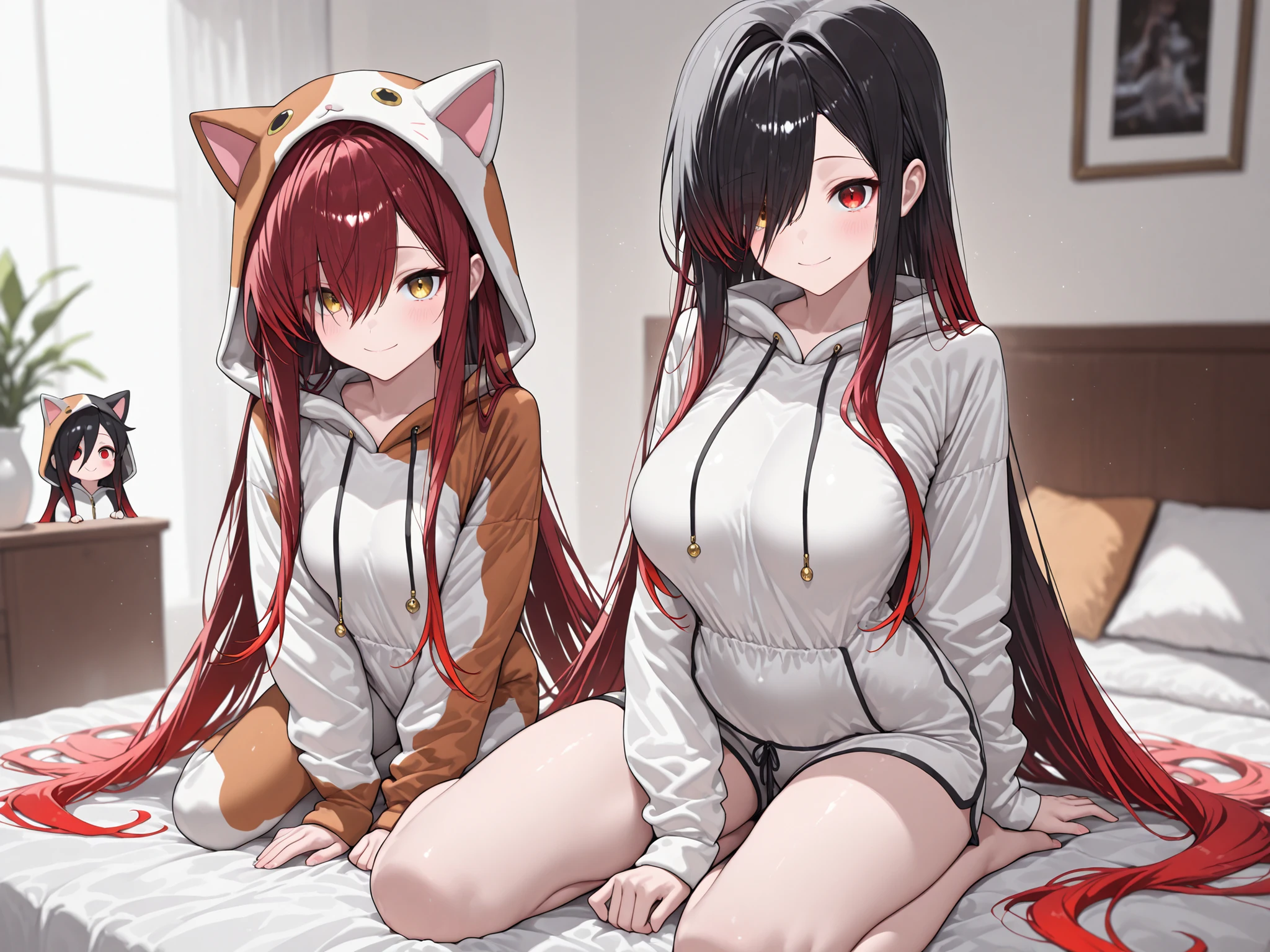 (EyesHD:1.2), ultra-detailed, very aesthetic, sharp focus, depth of field, vibrant colors, ray tracing, best lighting, detailed illustration, detailed background, cinematic, Shining Style Art, masterpiece, best quality, very aesthetic, highres, absurdres, round eyes, playful gaze, cheerful aura, full body, full smile, at home, active pose, Calico Cat Pajamas, Tri-color cat onesie with soft fur patterns, duo focus, (2girls) BREAK 1 girl , golden eyes , very long hair , long sidelocks, red hair , petite , very cute , beautiful ,Straight hair, cool, handsome, hair between eyes, medium breasts BREAK 1girl, Kuroki Monika, red eyes, gradient hair, black hair, red hair, long hair, asymmetrical hairline, hair over right eye, large breasts, (petite but curvy)