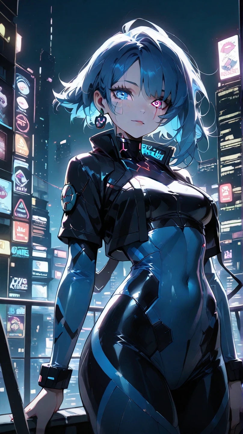 A cyberpunk-style woman with sapphire blue hair in a bob cut, blue eyes, and a haughty expression, standing on a night street with neon lights, under a dramatic lighting and angle, looking away, in a fantastically noir style, high-quality illustration with depth of field.