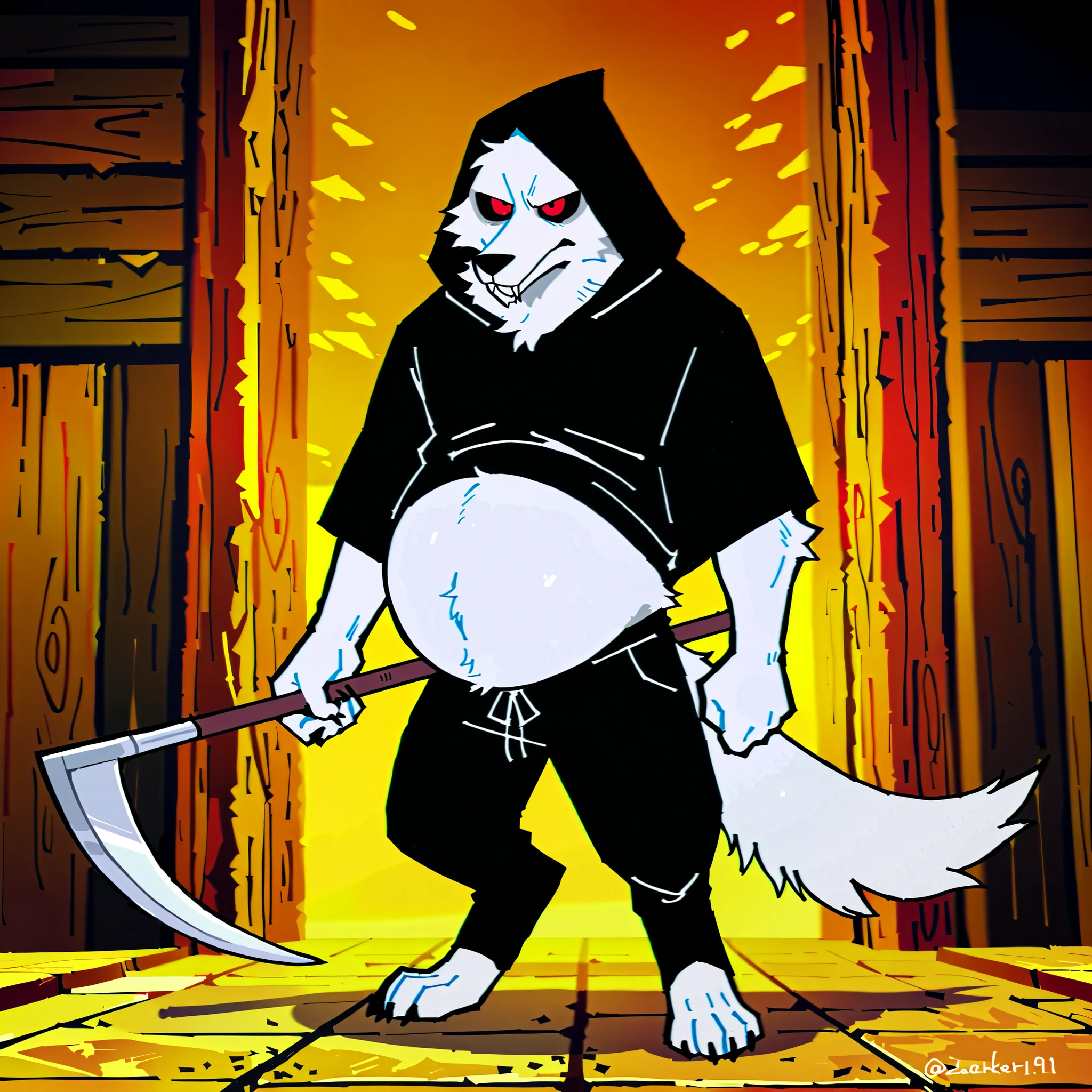 ((best quality, high res, perfect scenario)), Death Wolf, 1male, solo, detailed eyes, white fur, tail, big belly, sadic face, red eyes, black sclera, skinny muscle, black hood, black pants , in the village, holding a two short scythes, by K0BIT0WANI, by Zackary911, by Bebebebebe