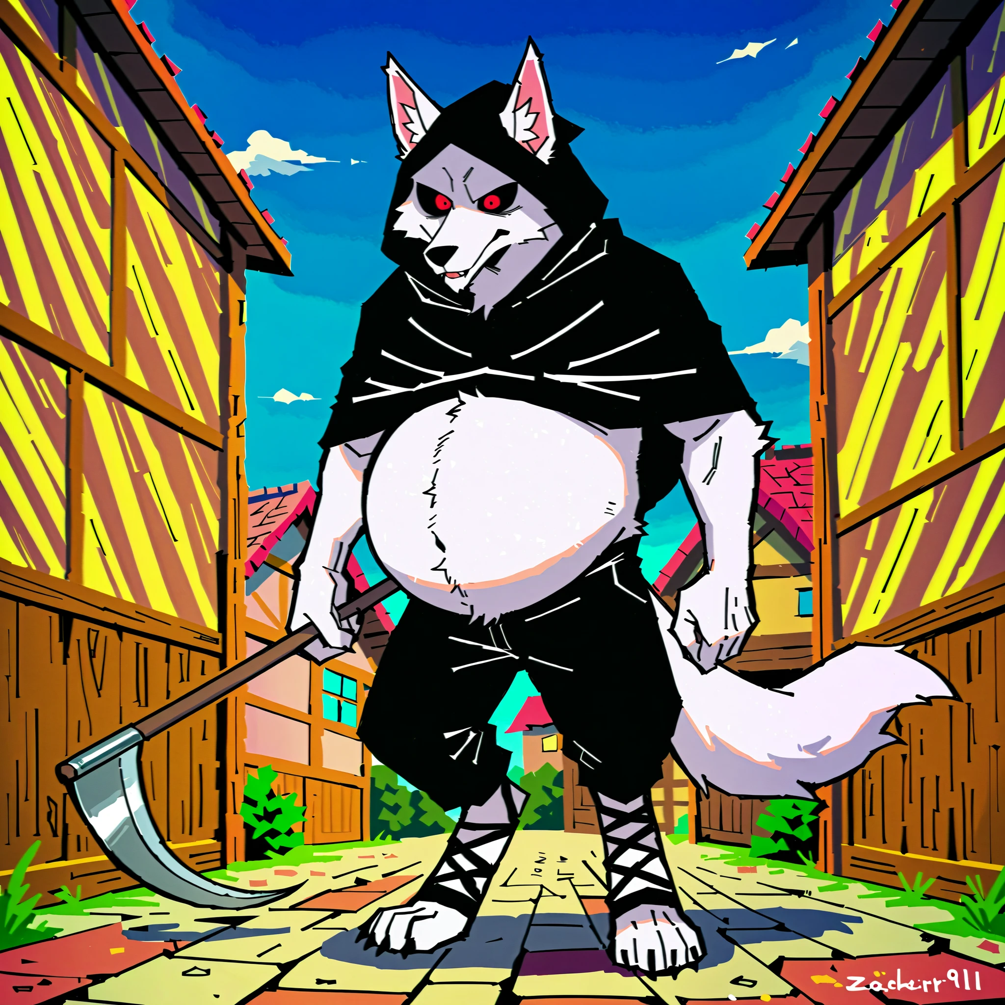 ((best quality, high res, perfect scenario)), Death Wolf, 1male, solo, detailed eyes, white fur, tail, big belly, sadic face, red eyes, black sclera, skinny muscle, black hood, black pants , in the village, holding a two short scythes, by K0BIT0WANI, by Zackary911, by Bebebebebe