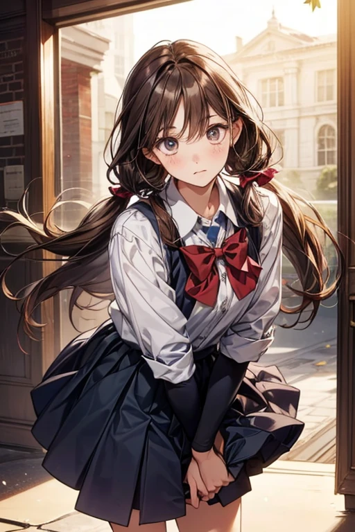 ((8K masterpiece,highest quality)), ultra high resolution, hyper detail, (1 girl), beautiful face, beautiful and delicate eyes,((red eyes)),Big eyes,shining eyes of light,Thin and long eyelashes,detailed light,((brown hair)),((long hair)), ((twin tails)),big breasts,school uniform,hair clip,hair ribbon,blitz short skirt,white knee high socks,light pink panties, Panty Pose, panty shot, (grinning smile),troubled face,(please open your mouth wide),(classroom),stand in the center of the screen,blue sky with clouds, Nice views, rainbow in the sky, particles of light, daytime, sunbeam,gust of wind,sense of speed, cowboy shot