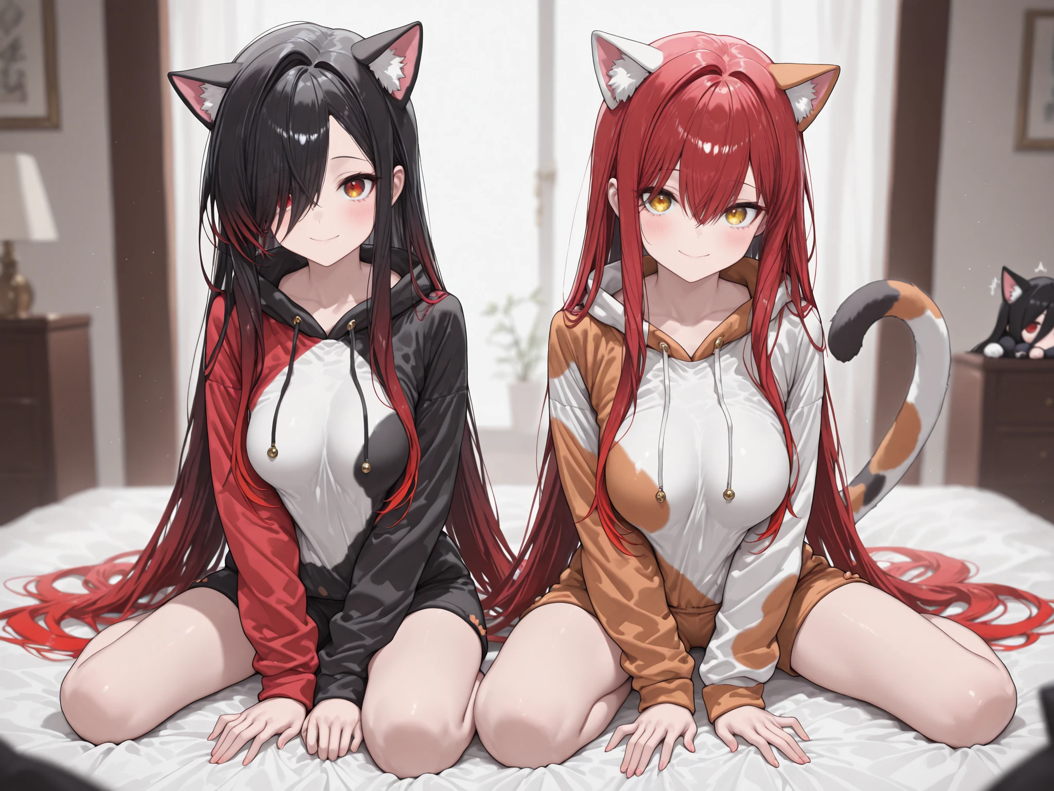 (EyesHD:1.2), ultra-detailed, very aesthetic, sharp focus, depth of field, vibrant colors, ray tracing, best lighting, detailed illustration, detailed background, cinematic, Shining Style Art, masterpiece, best quality, very aesthetic, highres, absurdres, round eyes, playful gaze, cheerful aura, full body, full smile, at home, active pose, Calico Cat Pajamas, Tri-color cat onesie with soft fur patterns, duo focus, (2girls) BREAK 1 girl , golden eyes , very long hair , long sidelocks, red hair , petite , very cute , beautiful ,Straight hair, cool, handsome, hair between eyes, medium breasts BREAK 1girl, Kuroki Monika, red eyes, gradient hair, black hair, red hair, long hair, asymmetrical hairline, hair over right eye, large breasts, (petite but curvy)