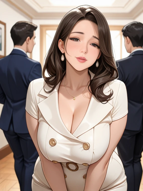 (live-action:1.9), High Resolution))) Very realistic, Like a photograph, masterpiece, (Japan man wearing glasses:1.9), (A small middle-aged Japanese man hugs a woman from behind:1.9), Detailed elevator scenario, Detailed background of the elevator, Sexy tall blonde European standing (Woman 1) (Anne Hathaway:1.9), (The woman is wearing a formal long dress:1.9), (Women have big thighs and thick buttocks), (((Cleavage))), (Long legs), (pantyhose), (High heels), (((Facial expression of disgust))), Blushed, (The man is wearing tattered clothes)