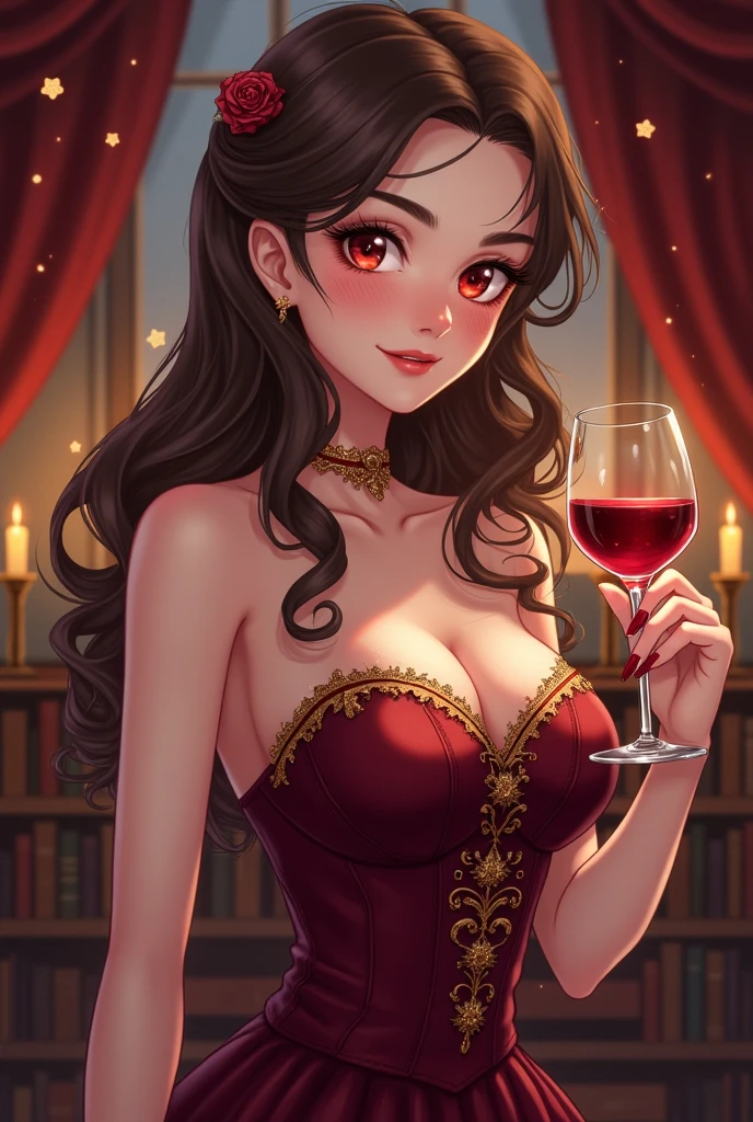 I would like to get an anime-style image of Queen Beryl: an incredibly beautiful young femme fatale with long copper-red hair gathered in a beautiful hairstyle, green eyes, precious jewelry in her hair, jewelry, in a luxurious emerald dress, in her hands a glass of red wine. A beautiful drawing, a masterpiece.