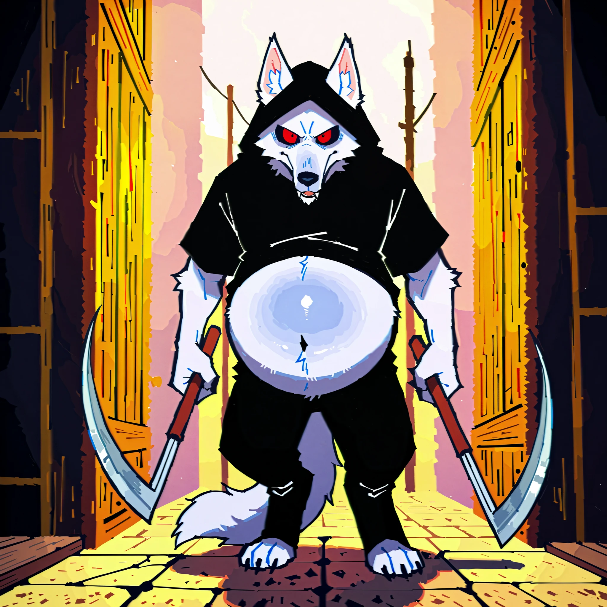 ((best quality, high res, perfect scenario)), Death Wolf, 1male, solo, detailed eyes, white fur, tail, big belly, sadic face, red eyes, black sclera, skinny muscle, black hood, black pants , in the village, holding a two short scythes, by K0BIT0WANI, by Zackary911, by Bebebebebe