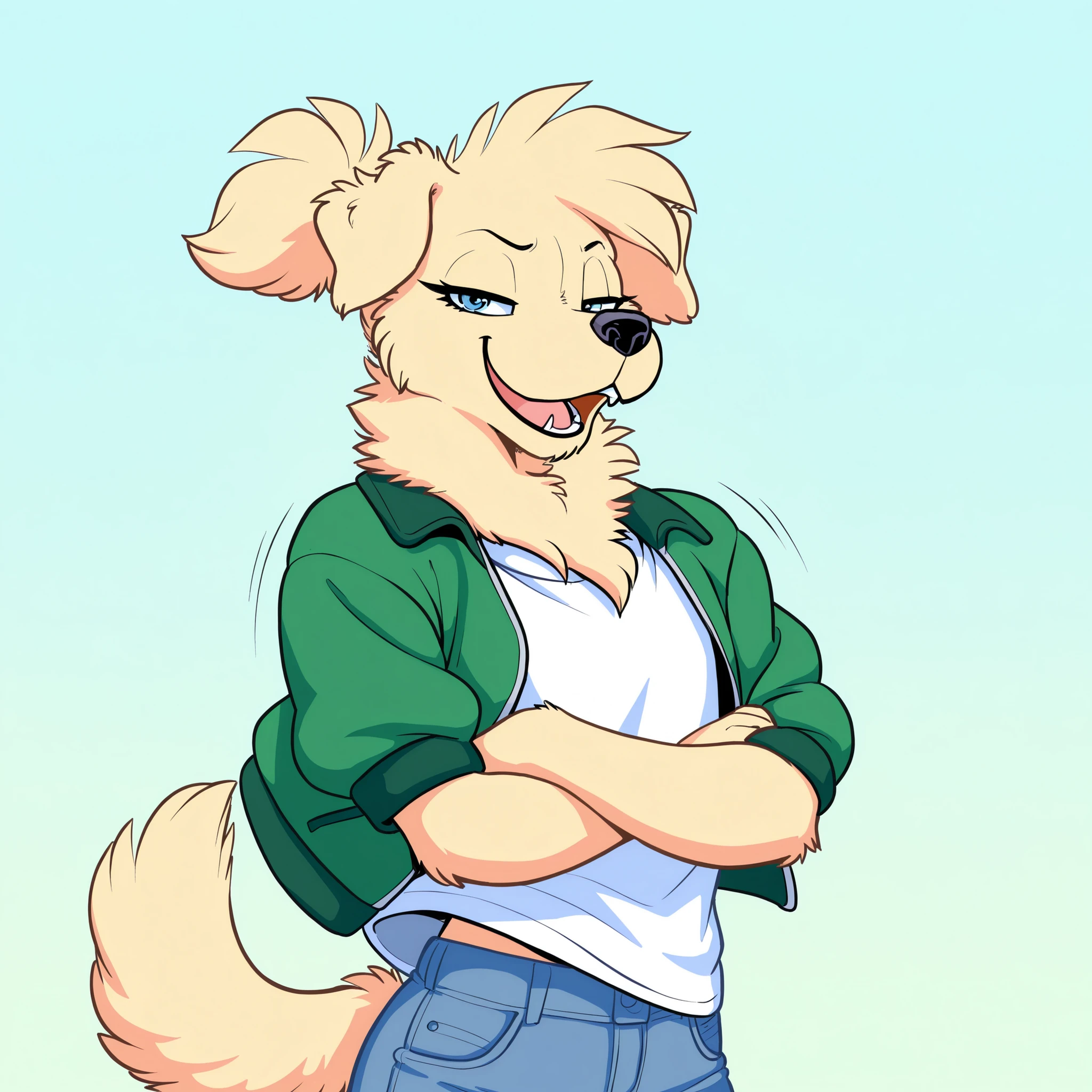 masterpiece, best quality, amazing quality, anthro golden retriever, 1girl, solo, simple background, pastel colours, wind, spring, young, eyelashes, blue eyes, fur, looking at viewer, very short hair, fluffy neck, fluffy chest, baggy white t-shirt, arms crossed short ponytail, short girl, lean, slender body, thin body, underweight, skinny, denim jeans, (tomboy), boyish, (masculine), (masculine body), large baggy green football jacket, open mouth, cocky, portrait, head focus, black eyeliner, smug, confident, highly detailed
