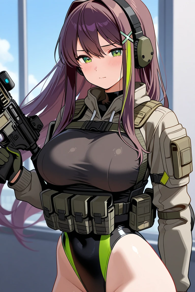 (Video game Halo UNSC), (UNSC helmet from halo:1.1), inside spaceship, (darkened:1.1), camouflage, (perfect breasts:1.1), (gorgeous body:1.2), (pulling up top:1.1), (black gloves), (balaclava mask:1.2), (night vision goggles:1.1), camouflage pants, ballistic vest, tactical UNSC armor, backpack, (master piece), blue eyes, (dark lighting), perfect body, (ultra realistic eyes), (detailed face), DSLR photography, sharp focus, Unreal Engine 5, Octane Render, Redshift, (cinematic lighting), f/1.4, ISO 200, 1/160s, 8K, RAW, unedited, symmetrical balance, in-frame, symmetrical face, symmetrical body, symmetric hands, (detailed face and eyes:1.2), (huge breasts:1.2), (busty), (deep cleavage), (breasts bulge:1.3), (cameltoe:1.2).