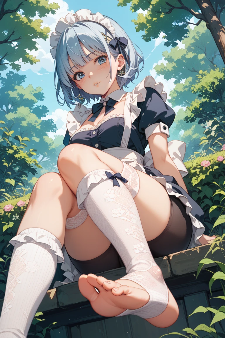 masterpiece, top quality, highly detailed, cute, a small (((boy))), hair bow, white sheer dress, nylons, white strap heels, lies down and opens the crotch wide, panties boy bulge, naughty smile.