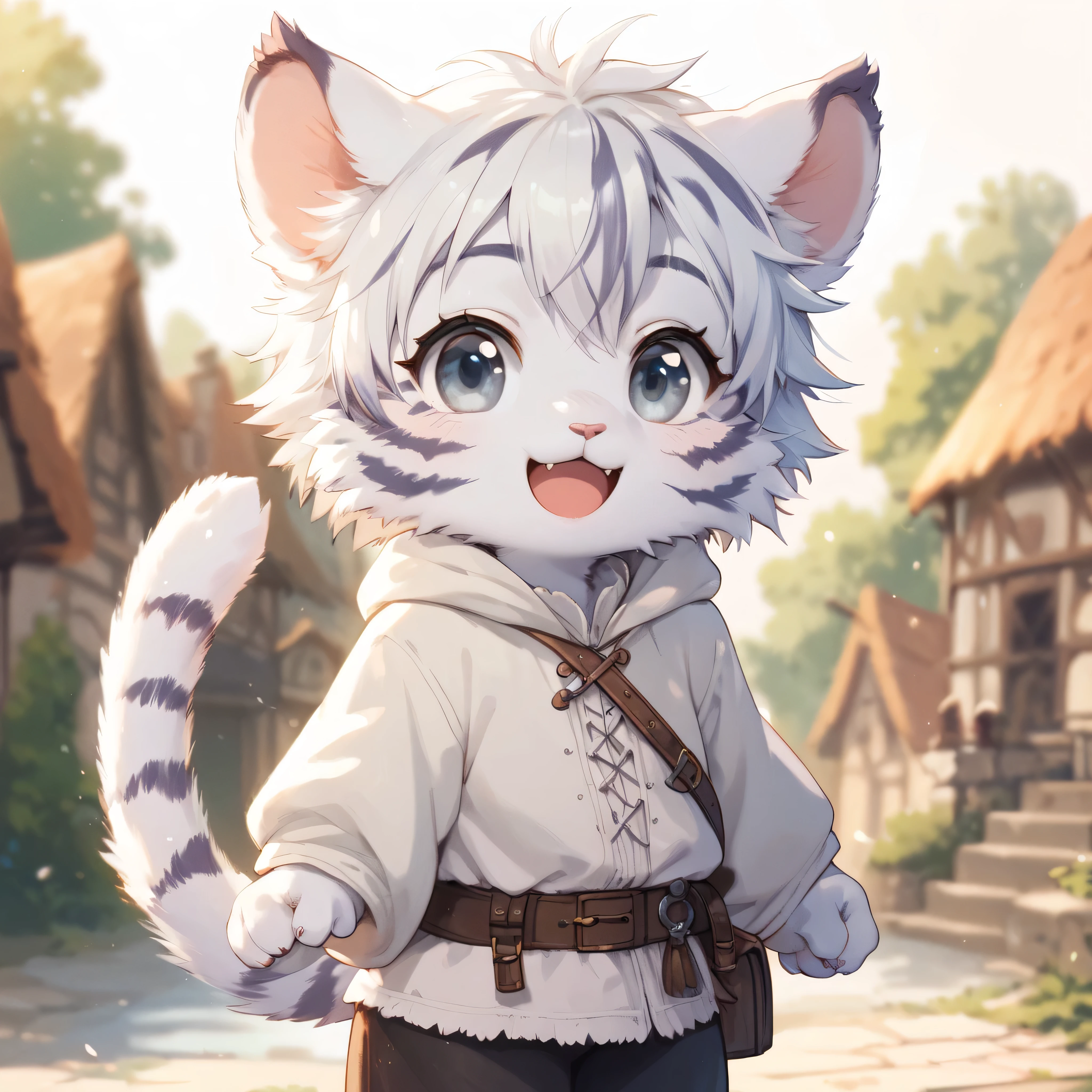  Furry white tiger with white fur, clear eyes, big beautiful smile,  medieval clothing, At the bottom of a village.