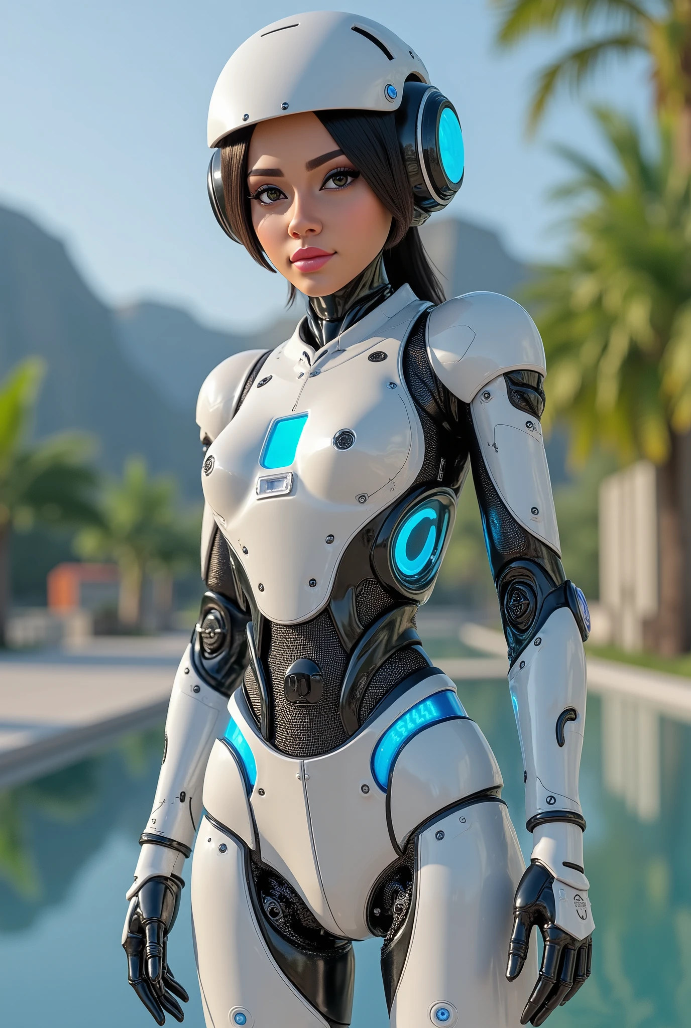 Create multiple images of this AI character in different locations with different outfits and outfits