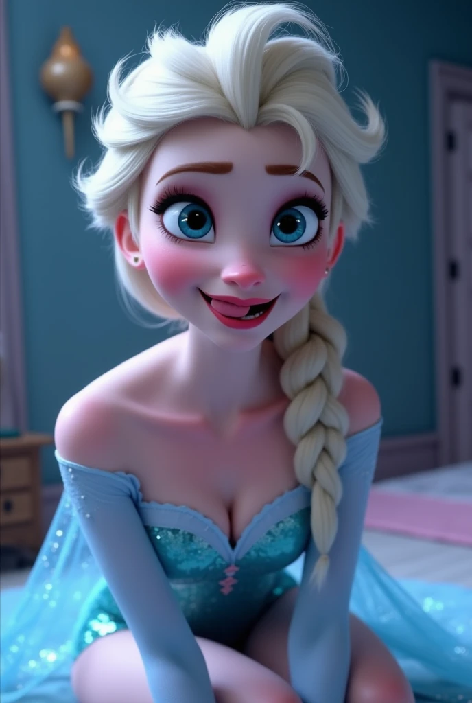 Elsa, 1 girl, light blue eyes, ahegao, peace sign, Tilt your head, cowboy shot, medium breasts, crystal dress, coxas nuas, sitting down, 正面, 1 girl, standing alone, , salient smile, gazing at viewer, hands crossed, all-body, pose, best quality, no flaws