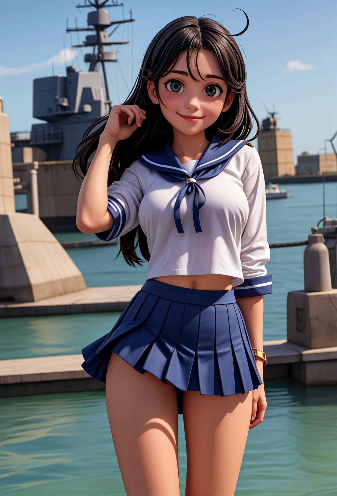 masterpiece,best quality,Super Detail,8K, At the wharf of a naval port where many warships are moored ,1 pretty girl with split hair,Baby-Faced Girl, She is blushing and smiling shyly and gently,ring on the ring finger of a girl's left hand,medium ,beautiful breasts,Sailor Suit,dark blue pleated miniskirt,seductive thighs,Her skirt is swaying in the wind,White panties are watching ,skirt flip,I'm stroking my hair lightly blown by the wind,