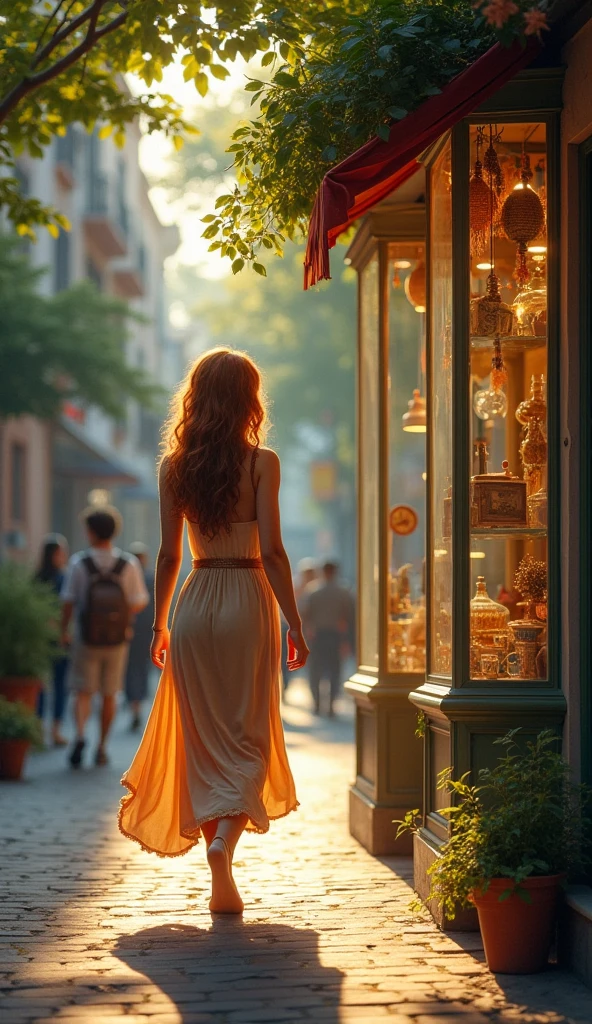 Looking back at a young woman walking out of a shop.