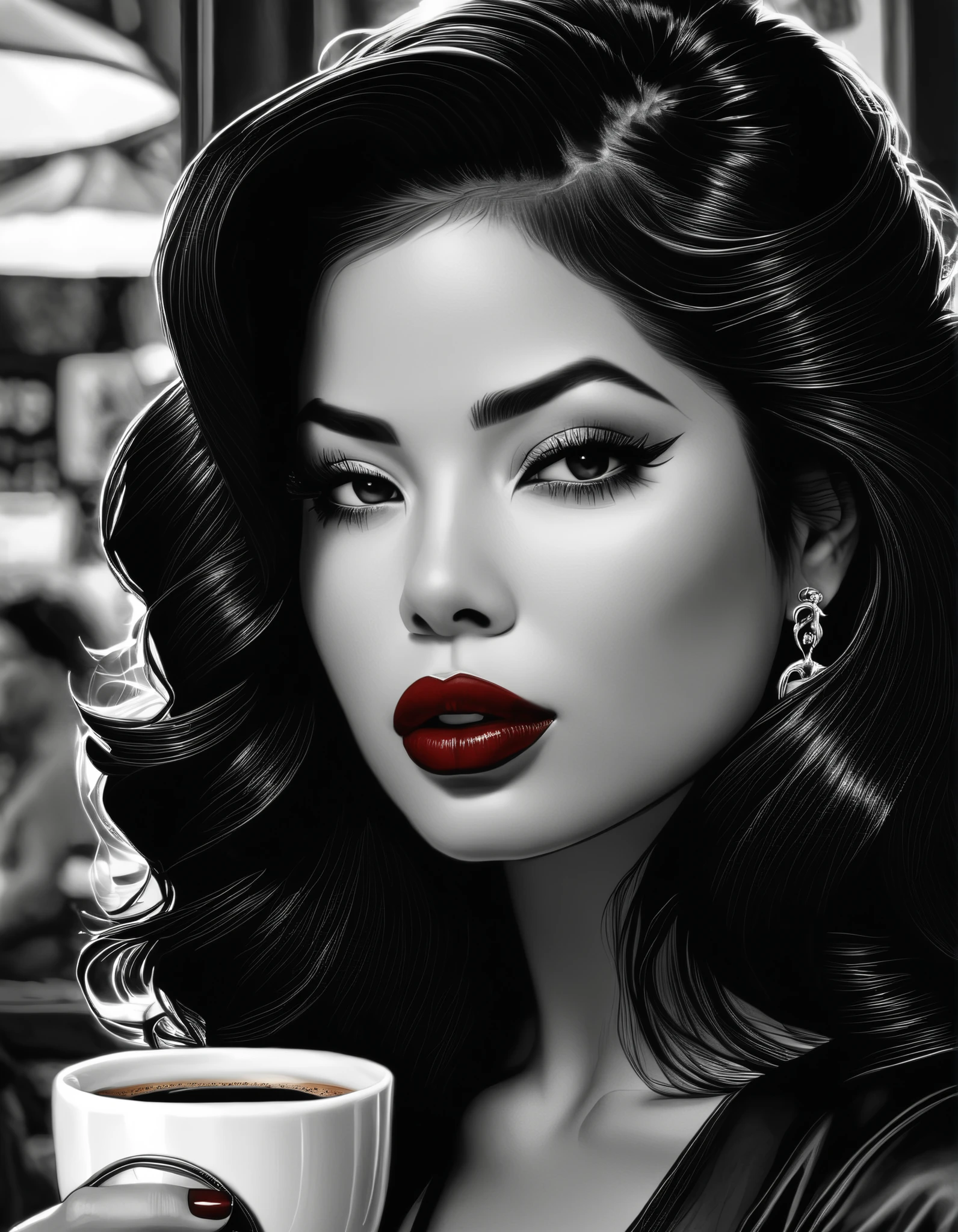 female, fantasy, Beauty, in noir comic art style, realistic hyperdetailed portraits, black and white in shades of gray, Chicano art, dark cherry-red lipstick, realistic, but romantic, Smooth lines , half of the body, coffee