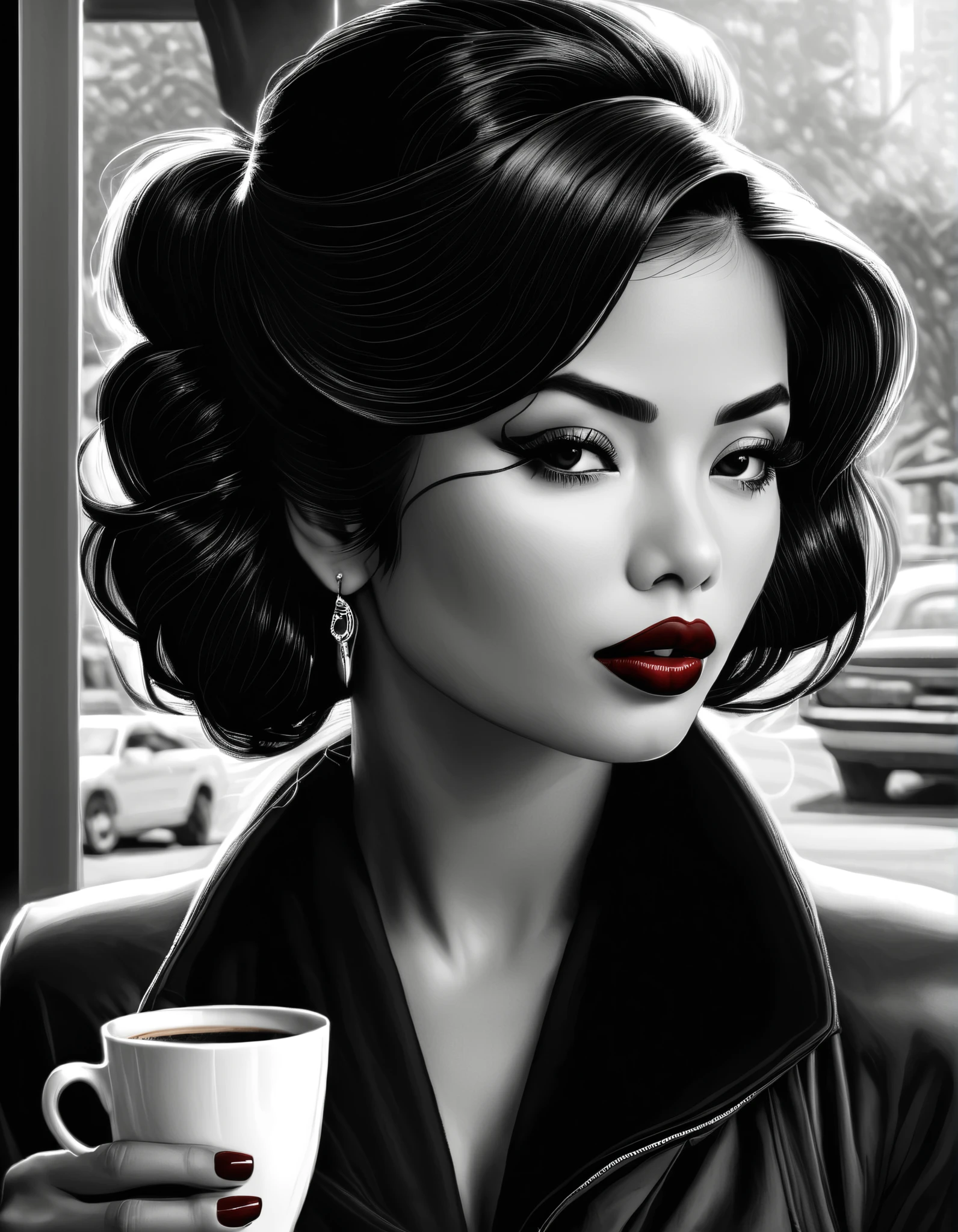 female, fantasy, Beauty, in noir comic art style, realistic hyperdetailed portraits, black and white in shades of gray, Chicano art, dark cherry-red lipstick, realistic, but romantic, Smooth lines , half of the body, coffee