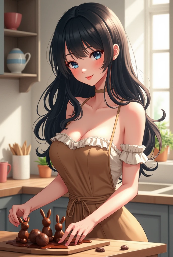 masterpiece, highest quality, One girl, View your viewers, Small waist, RAWphotograph,Hands intricately、Beautiful fingertips、 Ultra-realistic, High resolution, photograph, Sharp focus, Most detailed, Very detailed, Super detailed, In detail, Very detailed目と顔,Very detailed手と指、Young Wife、Thighs, beautiful girl,View your viewers, Small waist,Symmetrical face, whole body、A tight fitting white apron dress、Large Breasts、Beautiful clavicle、Long Hair、はだけたThighs、Beautiful navel、Beautiful cleavage、The bouncing breasts、kitchen、cooking、Happy expression