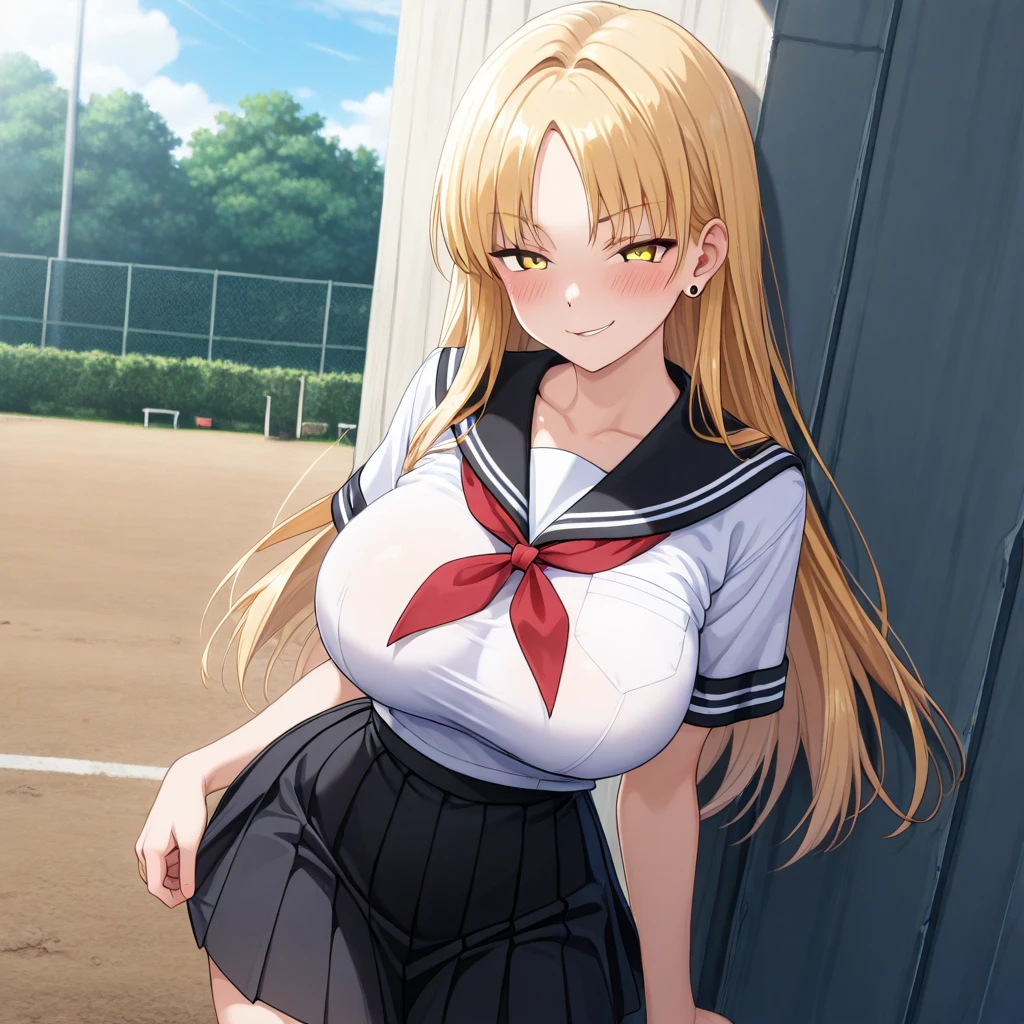 Masterpiece ,best quality , high resolution , (1 girl solo:1.38) , (camie, long hair, brown hair, brown eyes, peaked cap , lipstick , eyeliner) , (cleavage:1.2) , (medium breast:1.28) , (wear baseball hat , belly , navel , white sailor , bow , knot , stockings , panties , strong wind , big wing , skirt lift ) , (cleavage:1.15) , (big breast:1.1) , (face view , look at view ) , (cheerleader , cheering , holding pom pom , skirt , head tilt , jumping) , (tilted head , smiling , open mouth) , (outdoor , gym,Playing field,Cheerleading ,Strong winds,gale,ribbons flying,victory)