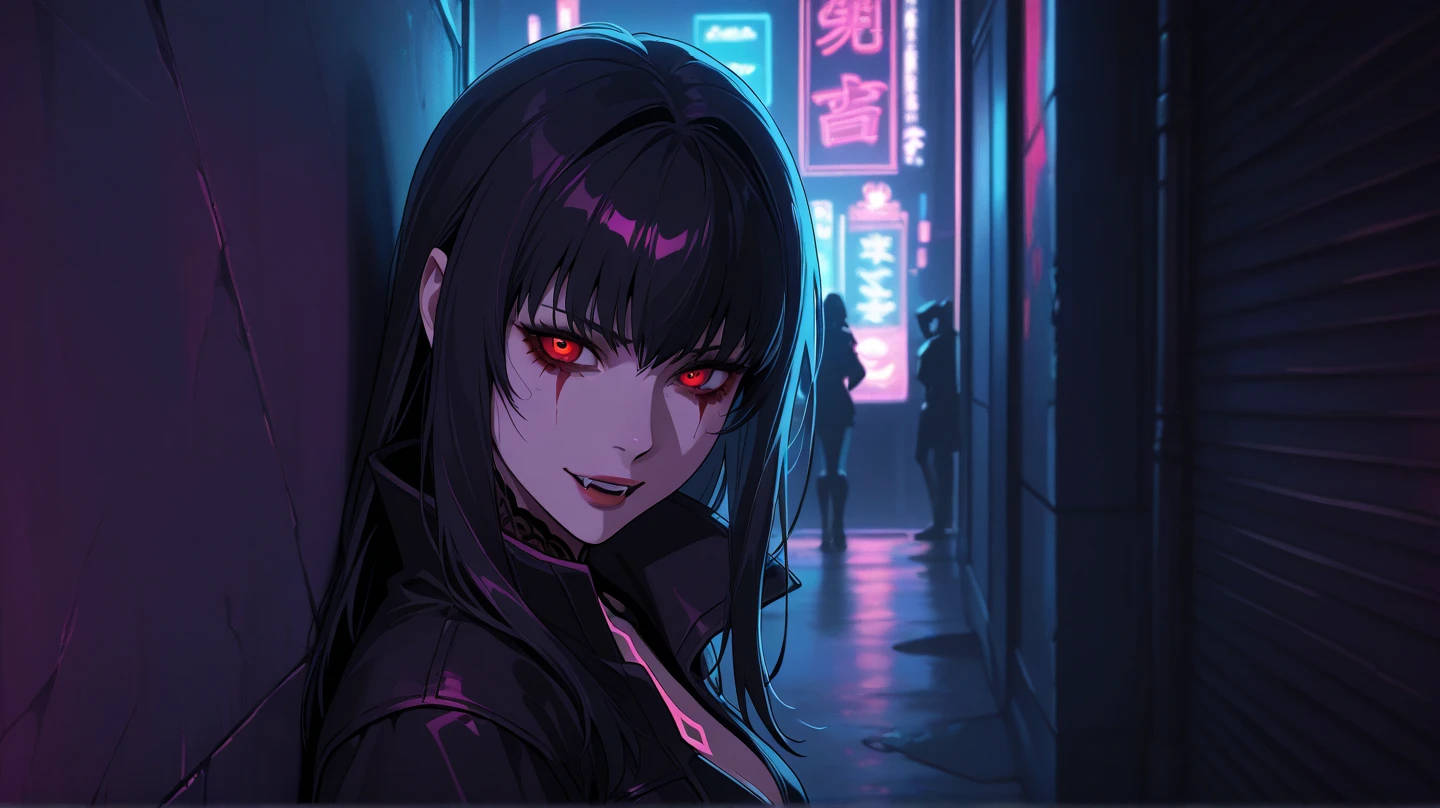 beautiful cyberpunk vampire. night, neon, volumetric light, high dynamic range