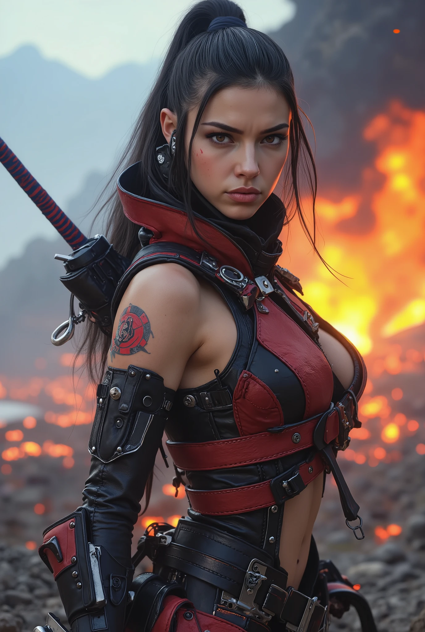 masterpiece , best quality , amazing quality , very aesthetic , newest , 1girl, futuristic ninja girl, dynamic action, (Three point landing pose:1.8) , (dynamic pose:1.9) , detailed portrait , realistic facial features , confident expression , muscular figure , heroic stance , cinematic lighting , dramatic atmosphere , fantasy landscape , glowing energy effects , digital art , 8K , photo-realistic , HDR , vivid colors , professional
