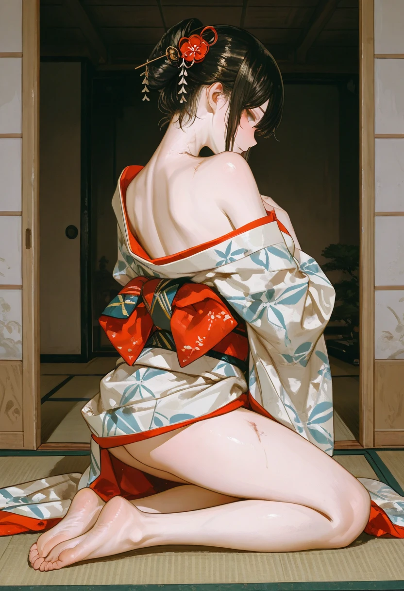 ((Highest quality)),(masterpiece),(detailed), (アニメ),pale skin,One girl, sexy,(Kimono over naked),short hair,(NSFW),standing,exposure play,tiny breasts,stripping off her clothes to show her body,sweat,(Japanese wooden clogs), traditional Japanese design