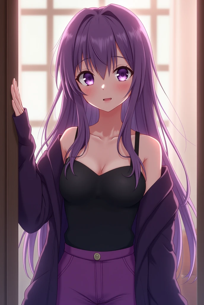 detailed, (masterpiece:1.2), (pale_skin:1.2), (solo:1.2), (female), slender, (glowing_eyes), (bright_eyes), long hair, breasts, looking at viewer, blush, bangs, medium breasts, closed mouth, purple eyes, collarbone, upper body, purple hair, nude, signature, parted bangs, completely nude, window, halo, covering, covering breasts
