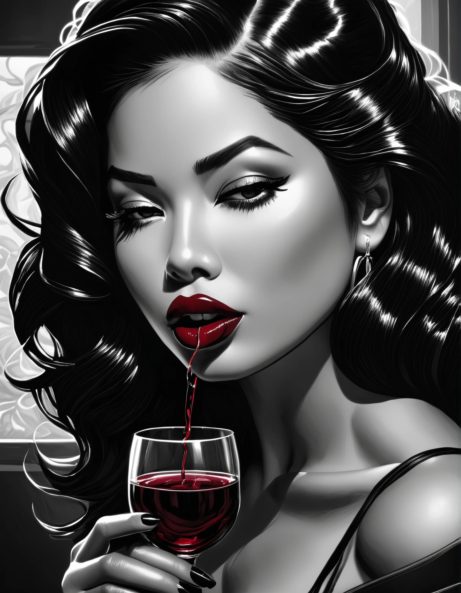 female, fantasy, Beauty, in noir comic art style, realistic hyperdetailed portraits, black and white in shades of gray, Chicano art, dark cherry-red lipstick, realistic, but romantic, Smooth lines , half of the body, a glass of cherry wine