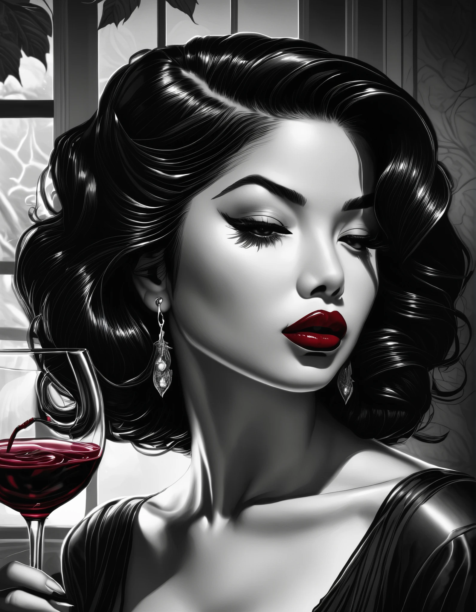 female, fantasy, Beauty, in noir comic art style, realistic hyperdetailed portraits, black and white in shades of gray, Chicano art, dark cherry-red lipstick, realistic, but romantic, Smooth lines , half of the body, a glass of cherry wine