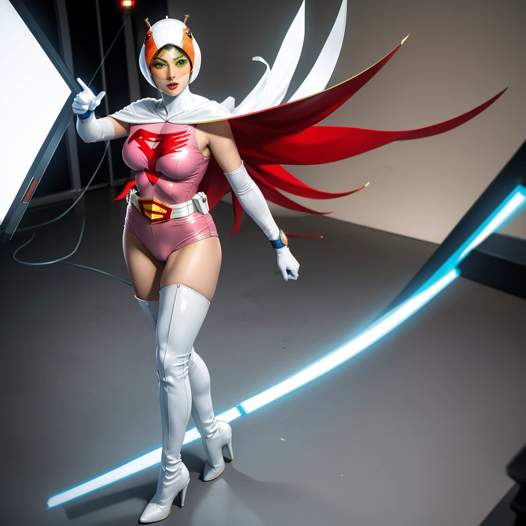 ANI_CLASSIC_jun_gatchaman_ownwaifu,1girl, 15yo,good anatomy, masterpiece, best quality,realistic, hyper realistic, 16k hdr, long hair,breasts,lips,large breasts,lipstick,makeup,gloves,cape,helmet,belt,elbow gloves,white gloves,mask,ultra miniskirt,leotard,spacesuit,white tight overknee highheels boots,pink dress,superhero,bodysuit,cleavage,erected nipples,(stand pose,hands on hip),(spread legs:1.1),cameltoe