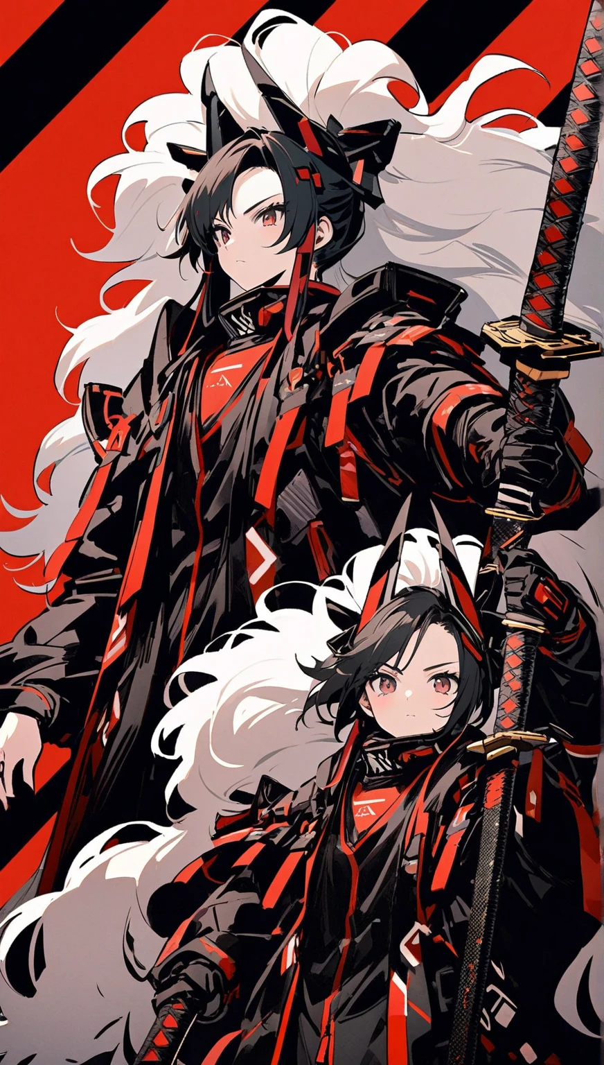 (Masterpiece, Top Quality), (Fine Hair), Ultra-Detailed, Anime Style, Solo, Full Length, ultra-massive. muscular, Cyberpunk decapitation girl, wearing a shredded black cyber-kimono with strips of paper stacked on top of each other with eerie kanji shadowed on them. She holds a black and white swords, has shaggy long silver hair, eyes that burn hell flame, wears clogs, and stands on burning earth, White background, standing full length, flame aura,