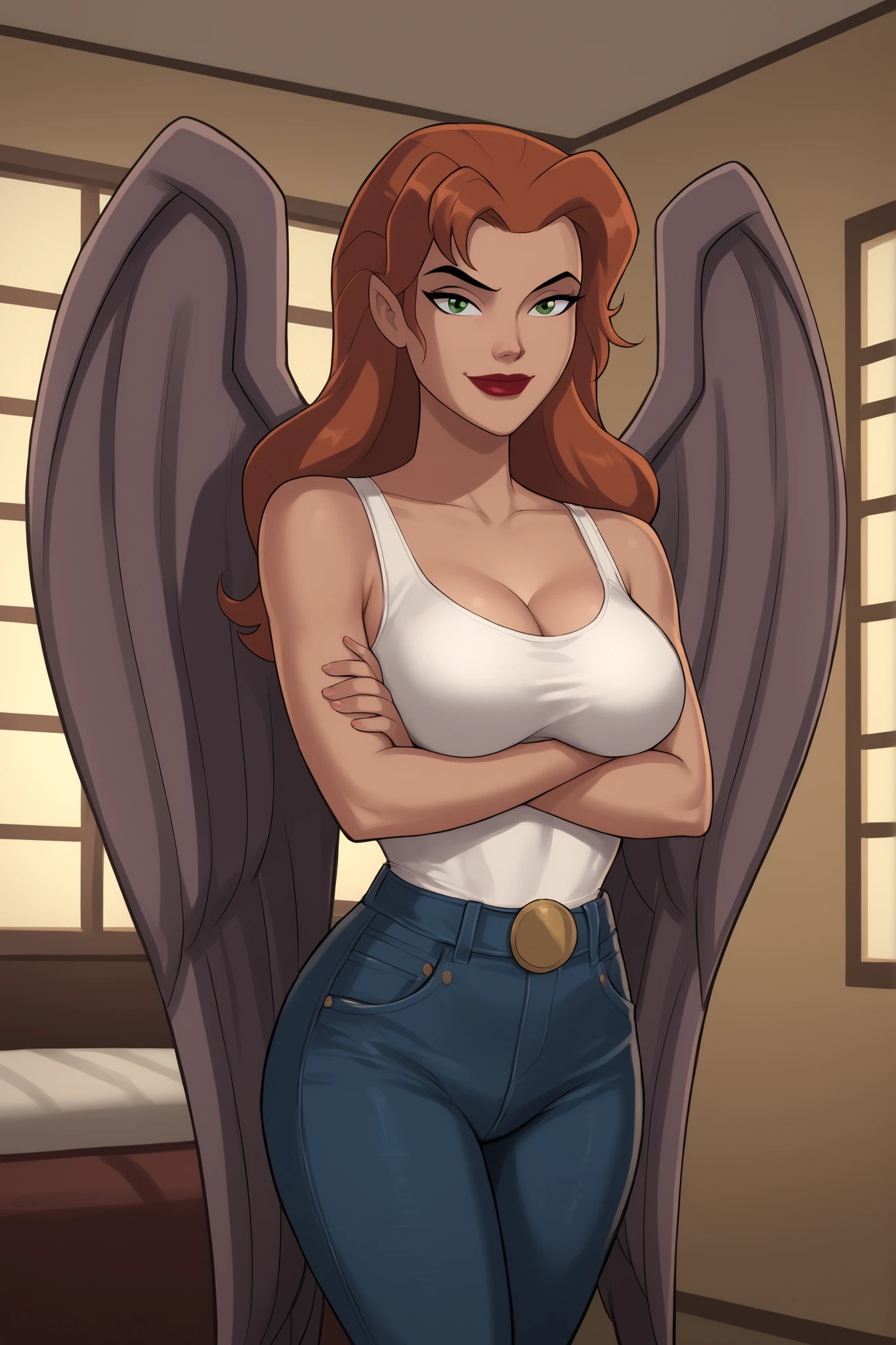safe_pos, PonyXLV6_Scores BREAK ((retro artstyle, parody)), perfect anatomy, cowboy shot) shayera hol, wings, long hair, green eyes, ((looking at viewer)), superhero, white leather jacket, white tank top, black jeans, bedroom, curvy, athletic, large breasts, indoors, smile, closed mouth, standing, happy expression, bright red lipstick, arms crossed, crossed arms