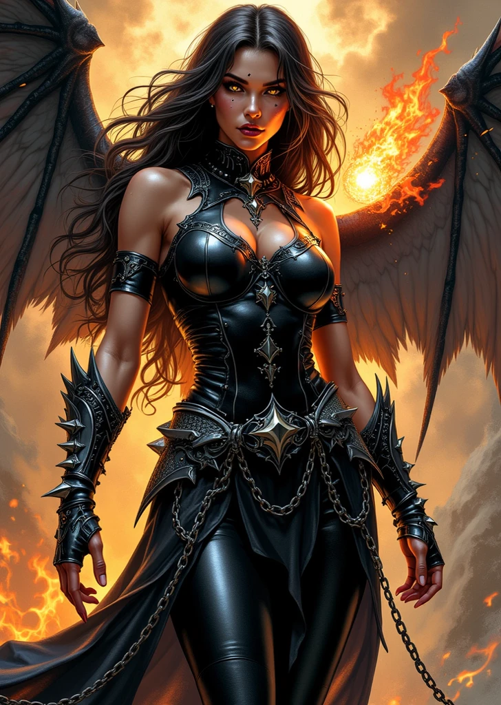 Ultra-detailed Rihanna stands atop a pile of burning ruins, Her diabolical and insidious presence radiating from her dark crown and black and red evil queen dress....................................................................... Her demon wings on her back and demon horn give her an invincible aura as she unleashes a powerful wave of destruction with a single gesture............................................................................................................................................