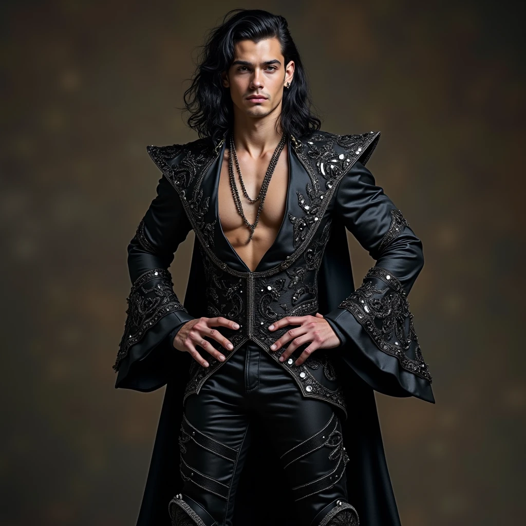 fashion photograph of, a 30yo male, extravagant black cape, stage lights,