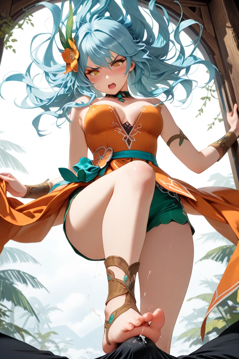Shenhe(genshin),whaite hair,Lower chest exposed,Abdominal muscles,The chest is open,White headband,Reveal a fleshy belly,Feminine abs,having fun,Fleshy thighs，White convertible sweater，Simetall，Chest open，Full muscles，Tall，Ocean park，Simetall，Comic cover style，Comic cover title