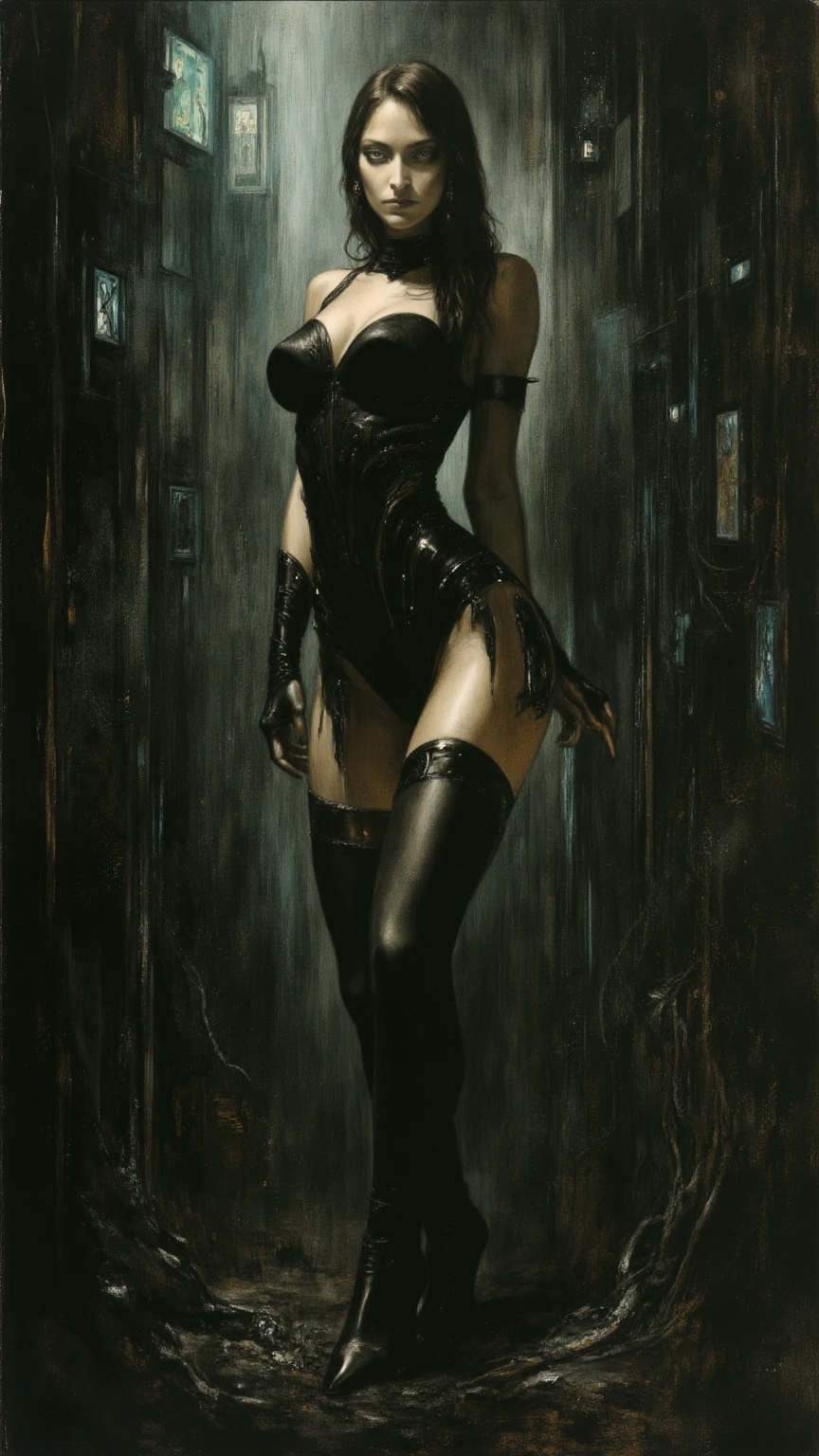 very sexy girl, blonde with long hair, small breasts, in black lingerie, with a corset, very sexy, in bed, she looks at us provocatively, eroticism, sexy, black and white image, between shadows, oil painting, chiaroscuro, sensual, dramatic lighting, moody atmosphere, photorealistic, intricate details, masterpiece, ultra-detailed, high quality, 8k, best quality, realistic, cinematic, dark and brooding, expressionistic, powerful composition, emotional impact, Bill Sienkiewicz inspired art