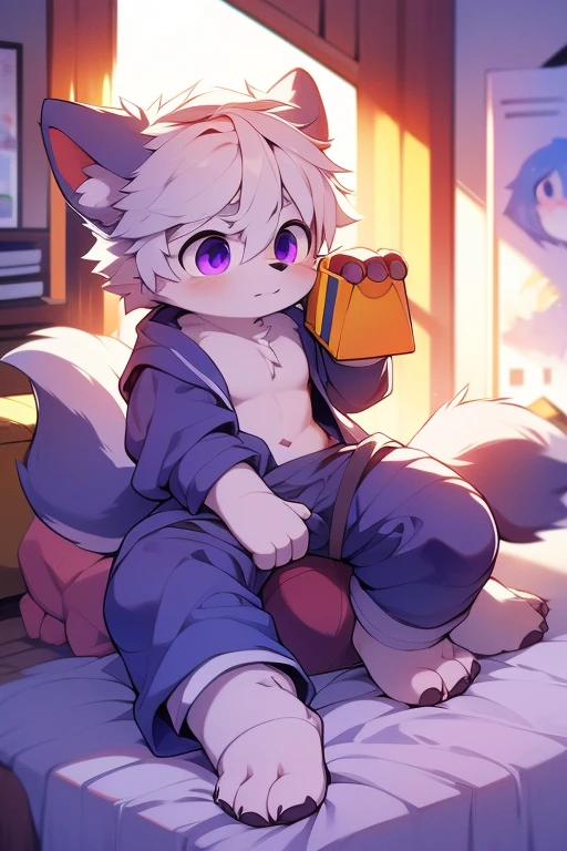 furry，A cute white fox boy，White hair，Wearing blue diapers，Wet diapers，Urine soaked thighs，Short white socks，Cute one-piece pajamas，warm light，wide，In the library，Reading，protrait photo，HD