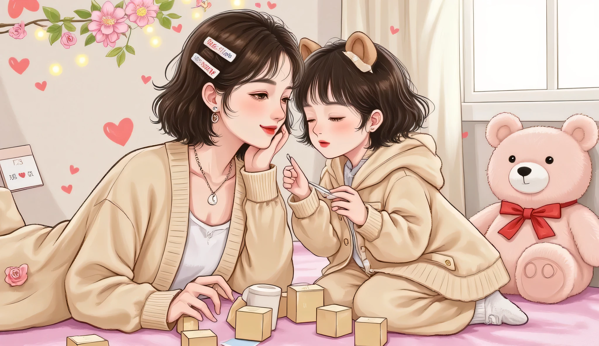 A semi-realistic, anime-inspired indoor scene showing a mature-looking nanny and a small girl playing together in a softly lit, cozy ren’s room. The nanny has a calm smile, wearing a beige cardigan, and subtle douyin-style makeup. The is building blocks on the floor, wearing a bear hoodie. Stuffed toys, fairy lights, and pastel wallpaper fill the background, evoking a warm bedtime vibe.