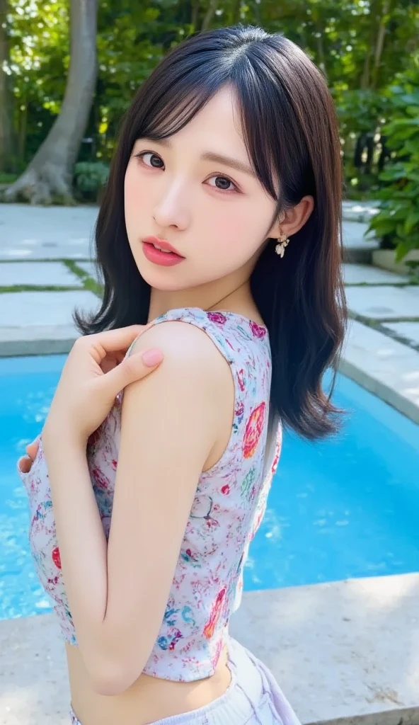 (Highest quality、32k、masterpiece:1.3)、(Beautiful woman:1.2)、(8 Girls:1.3)、(Accentuate your butt:1.3)、(Show me your ass)、(Back pose、Shoot in the back、I can see your ass)、(big 、Attractive body:1.2)、(String:1.3)、(Micro Bikini、Colorful floral swimsuit、String swimsuit:1.3、String:1.3)、24-years-old、Dark brown hair:1.1、ponytail、Highly detailed face、Lips Detail、Fine grain、double eyelid、Saggy breasts、Visible curves、With skinny friends、Laughter、Pool、Smile、Bright photo