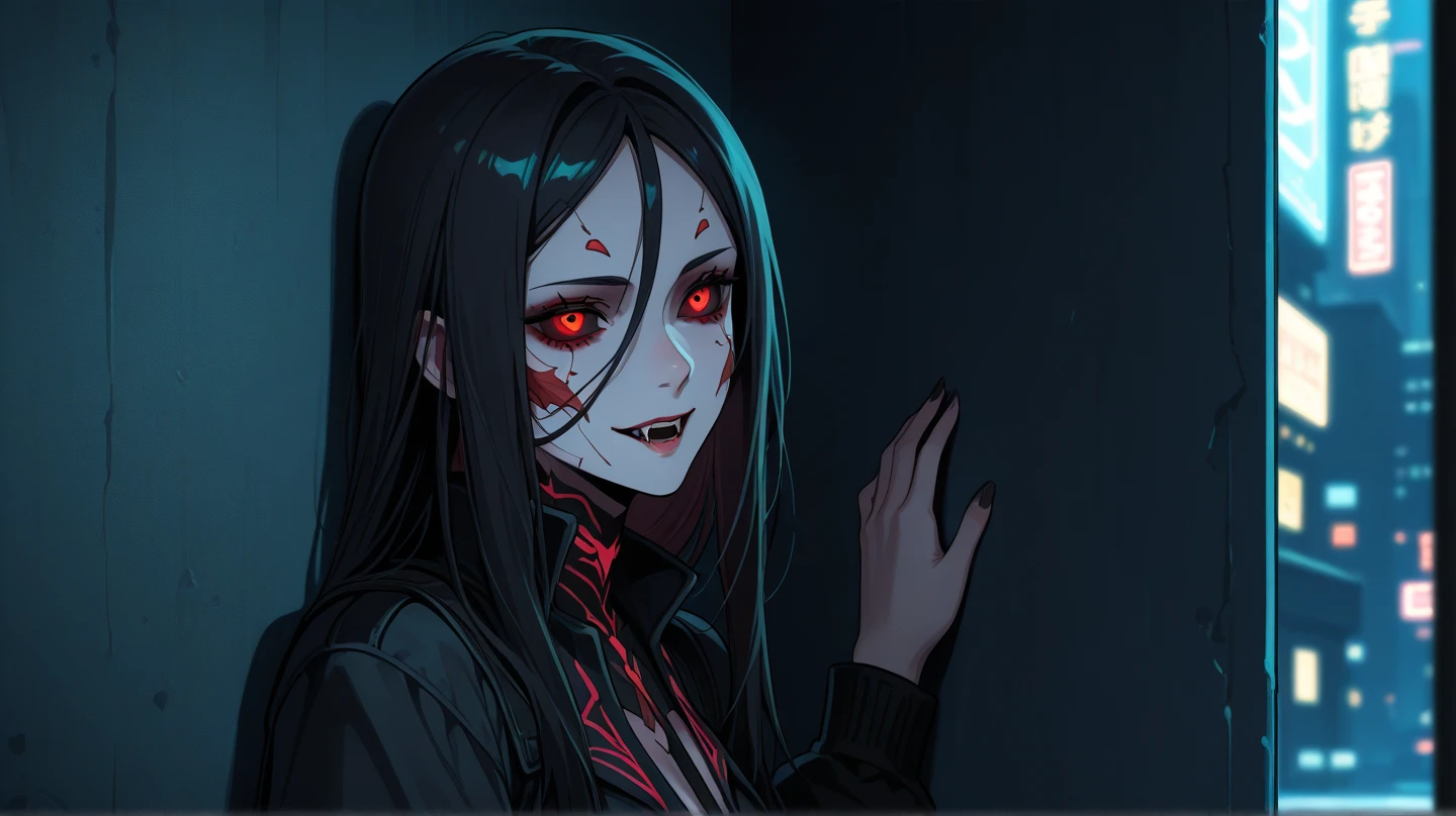 1 woman, portrait, mystery appearance, solo, woman, large, gray eyes, has a scary smile and kitten sharp teeth. Black hair, long hair, white skin, Very detailed black clothing.