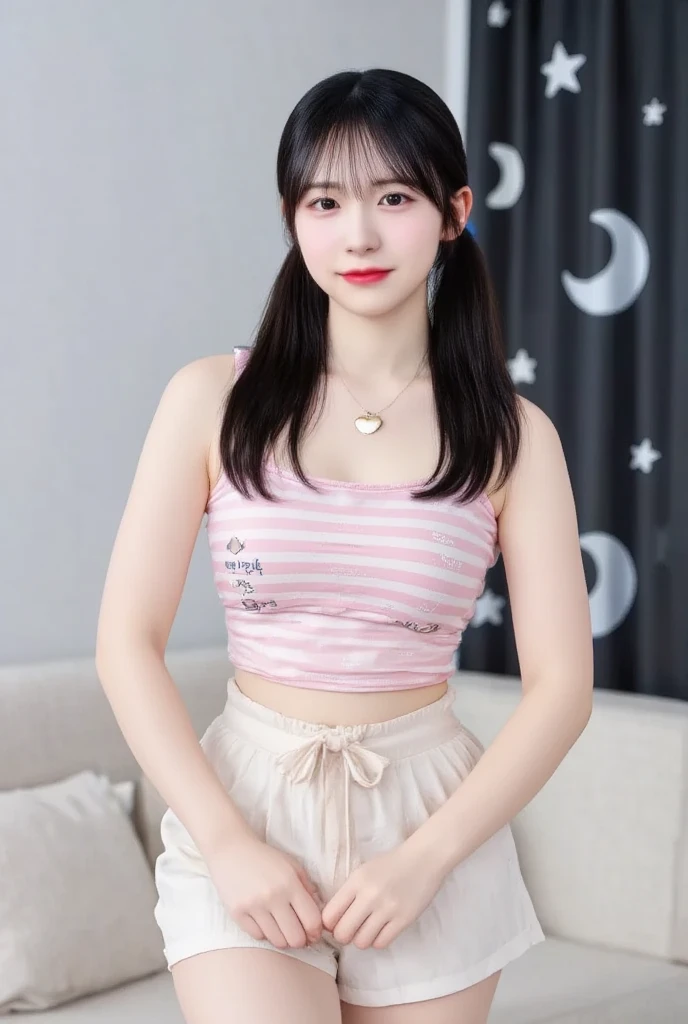 pastel colors t-shirt,off-shoulder look,bare shoulder,ollarbone,midriff peek,short shorts,,(open mouth:1.5),(tongue out:2),lying,hand between legs,overhead shot,front view,face focus,(1girl,Beautiful 14 year old girl,teenager),((Slender,Small breasts,Small face,)),(looking at viewer),Black Hair,bangs,one side up,Beautiful and detailed,(Dimly lit room:1.5),White bed,pillow,Mischievous smile