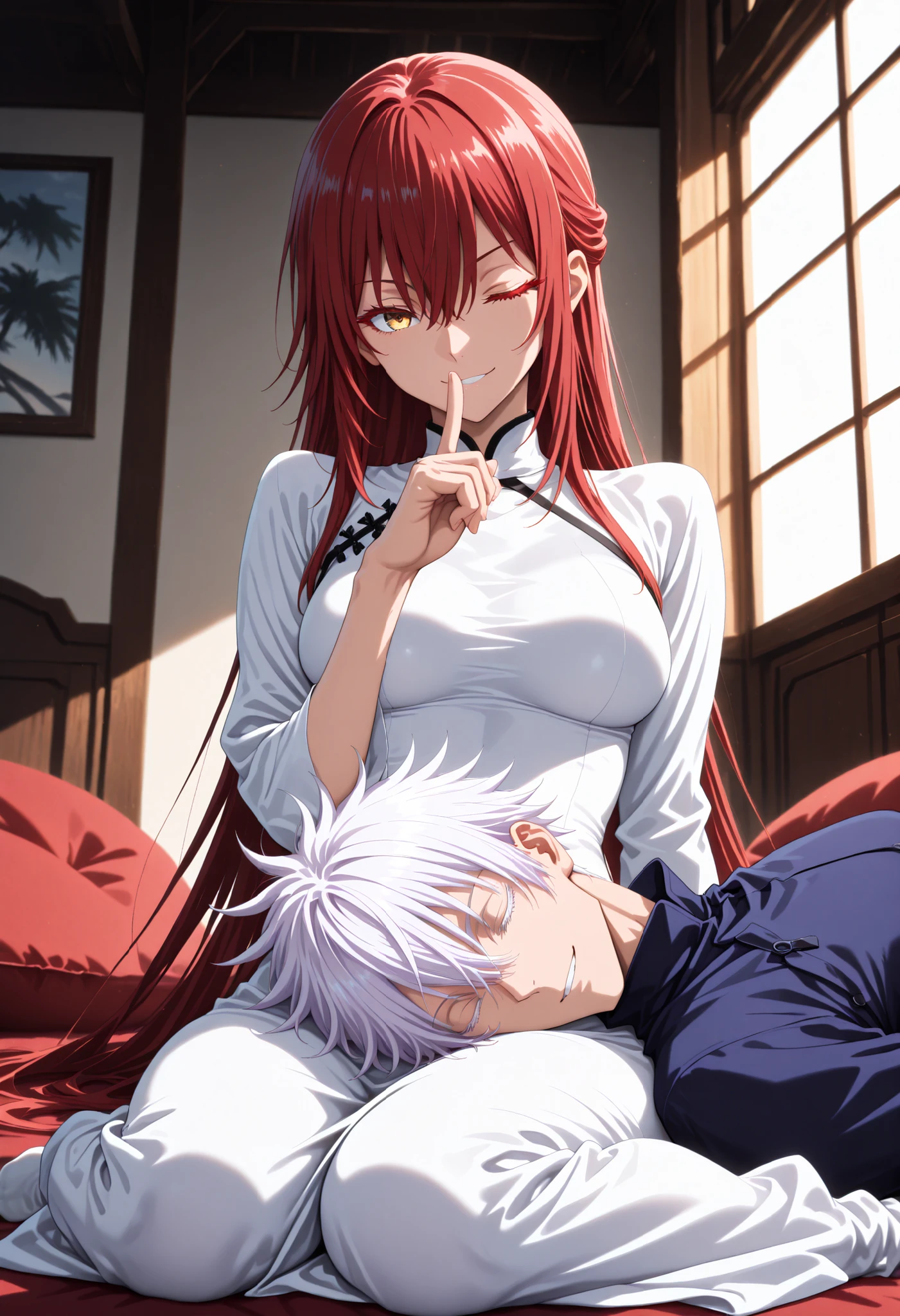 (masterpiece, best quality), amazing quality, very aesthetic, absurdres, highres, newest, HDR, 8K, cinematic, cinematic lighting, cinematic shadows, atmospheric lighting, hazy fog, light leaks, full body, dynamic angle, anime style, (anime coloring:1.5), (anime screenscap:1.2), foreshortening,
, duo focus, couple, hetero, very cute couple, romantic, height differnce, size differenz, dynamic pose, BREAK 1 girl , golden eyes , very long hair , long sidelocks, red hair , petite , very cute , beautiful ,Straight hair, cool, handsome, hair between eyes, medium breasts ,half updo, vietnamese dress, vietnamese clothes, wariza, sitting, cushion, (naughty face:1.0),(finger to mouth:1.0),(wink:1.3),(head diagonally:1.2) BREAK 1man, gojou satoru /(jujustu kaisen/), closed eyes, white hair, short hair, detailed eyelashes, colored eyelashes, sexy man, trained body, muscular, handsome, cool, mature man, vietnamese clothes, lying, (lying head on lap:1.2)